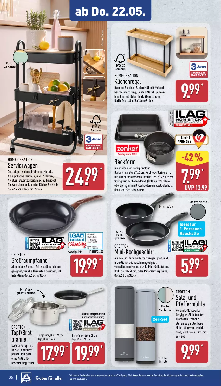 Aktueller Prospekt Aldi Nord - Von Montag - von 19.05 bis 24.05.2025 - strona 24 - produkty: Backform, Bad, bambus, bratpfanne, Crofton, decke, Deckel, dell, edelstahl, elle, fenster, Germ, geschirr, gin, grill, Grillpfanne, herdarten, küche, Küchen, Küchenregal, LG, Mode, pfanne, pfeffer, Pfeffermühle, regal, Ria, ring, salz, Servierwagen, Springform, spülmaschinen, Ti, topf, wok, ZTE