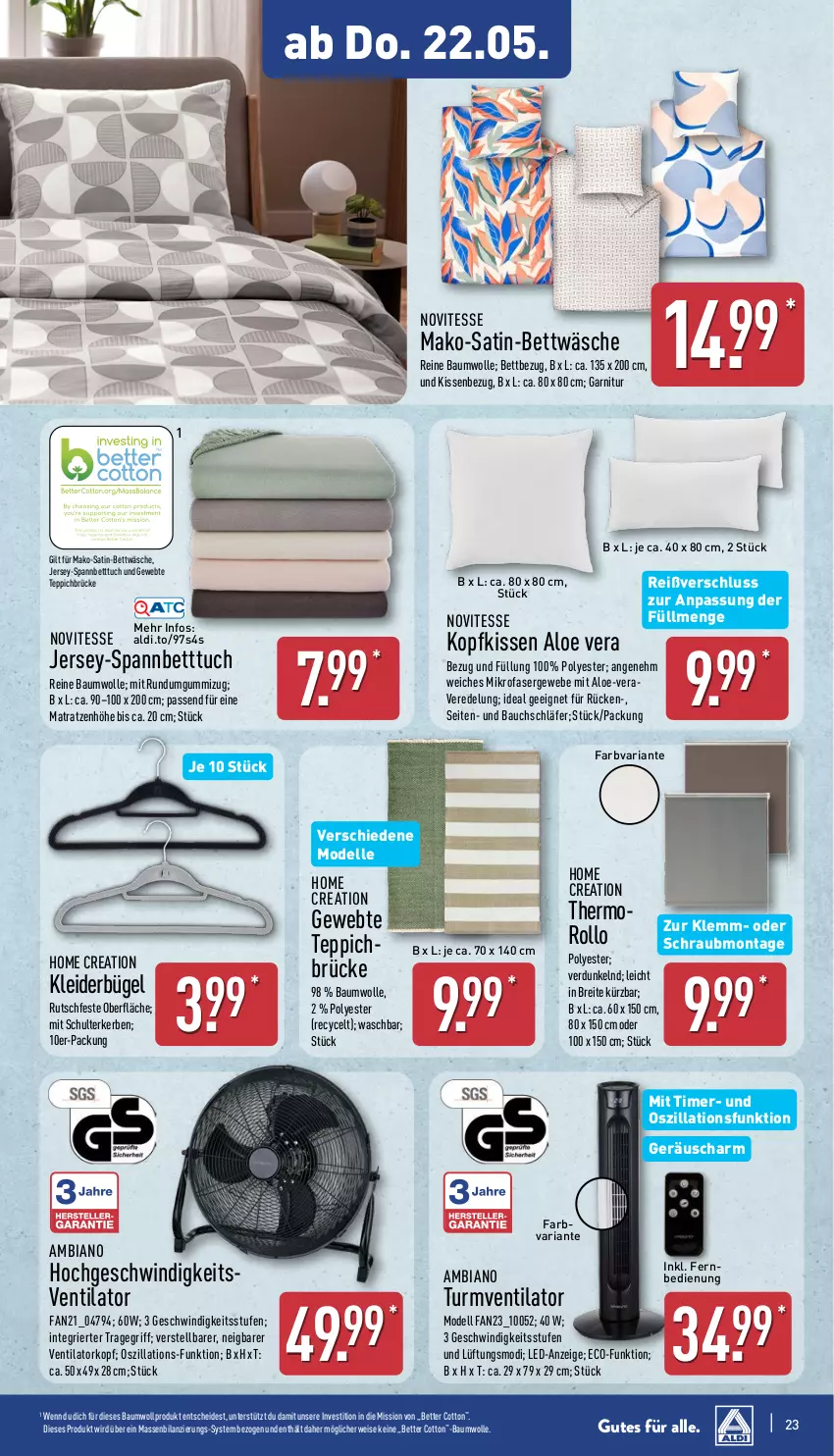 Aktueller Prospekt Aldi Nord - Von Montag - von 19.05 bis 24.05.2025 - strona 27 - produkty: aldi, aloe vera, ambia, Bau, baumwolle, bett, Betttuch, bettwäsche, Brei, bügel, dell, eis, elle, fernbedienung, garnitur, jersey-spannbetttuch, kissen, Kissenbezug, kleid, kleider, kleiderbügel, kopfkissen, matratze, matratzen, mikrofaser, Mode, reine baumwolle, Ria, rwe, satin-bettwäsche, spannbetttuch, teppich, Ti, timer, tragegriff, tuc, turmventilator, ventilator, wolle