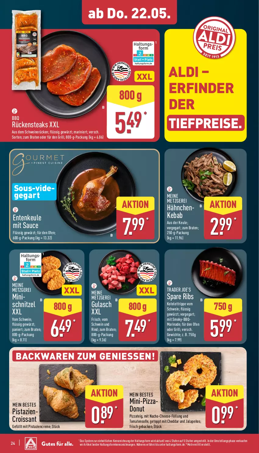 Aktueller Prospekt Aldi Nord - Von Montag - von 19.05 bis 24.05.2025 - strona 28 - produkty: aldi, backwaren, braten, cheddar, creme, Croissant, Donut, eis, ente, Entenkeule, geback, gewürz, grill, gulasch, jalapeño, kotelett, marinade, mit pistazien, nacho, Ofen, pistazien, pizza, Pizzateig, reis, rind, Rückensteak, rückensteaks, sauce, schnitzel, schwein, schwein und rind, schweine, schweinerücken, Soße, spare ribs, steak, steaks, Ti, tiefpreis, tomate, tomaten, vom schwein und rind, wein, weine