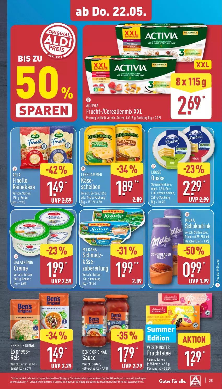 Aktueller Prospekt Aldi Nord - Von Montag - von 19.05 bis 24.05.2025 - strona 29 - produkty: activia, arla, auer, Becher, Ben’s Original, beutel, cerealien, creme, drink, eis, finello, flasche, frucht, früchte, Früchtetee, gin, Käse, käsescheiben, leerdammer, Loose, milch, milka, milkana, quäse, Reibekäse, reis, salat, sauce, Sauermilchkäse, Schmelzkäse, schmelzkäsezubereitung, schoko, tee, Ti, ZTE