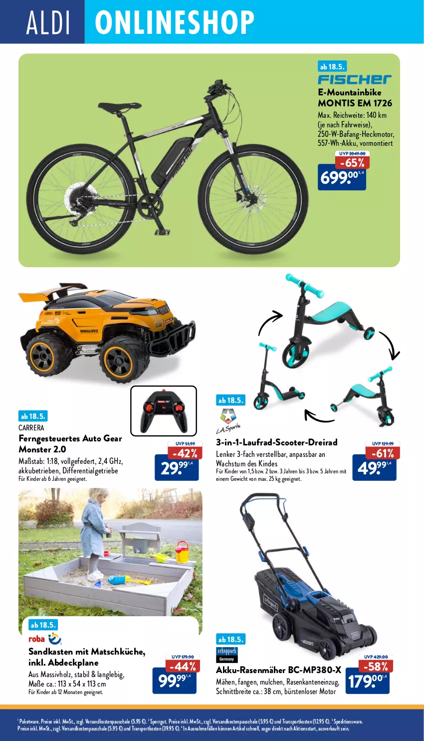 Aktueller Prospekt Aldi Nord - Von Montag - von 19.05 bis 24.05.2025 - strona 32 - produkty: abdeckplane, akku, akku-rasenmäher, auto, Brei, bürste, bürsten, Carrera, Dreirad, eis, Holz, Kinder, küche, Laufrad, LG, massivholz, monster, Mountainbike, Mp3, ndk, rasen, rasenmäher, reis, rwe, Sandkasten, Schal, Schale, scooter, Sport, Ti