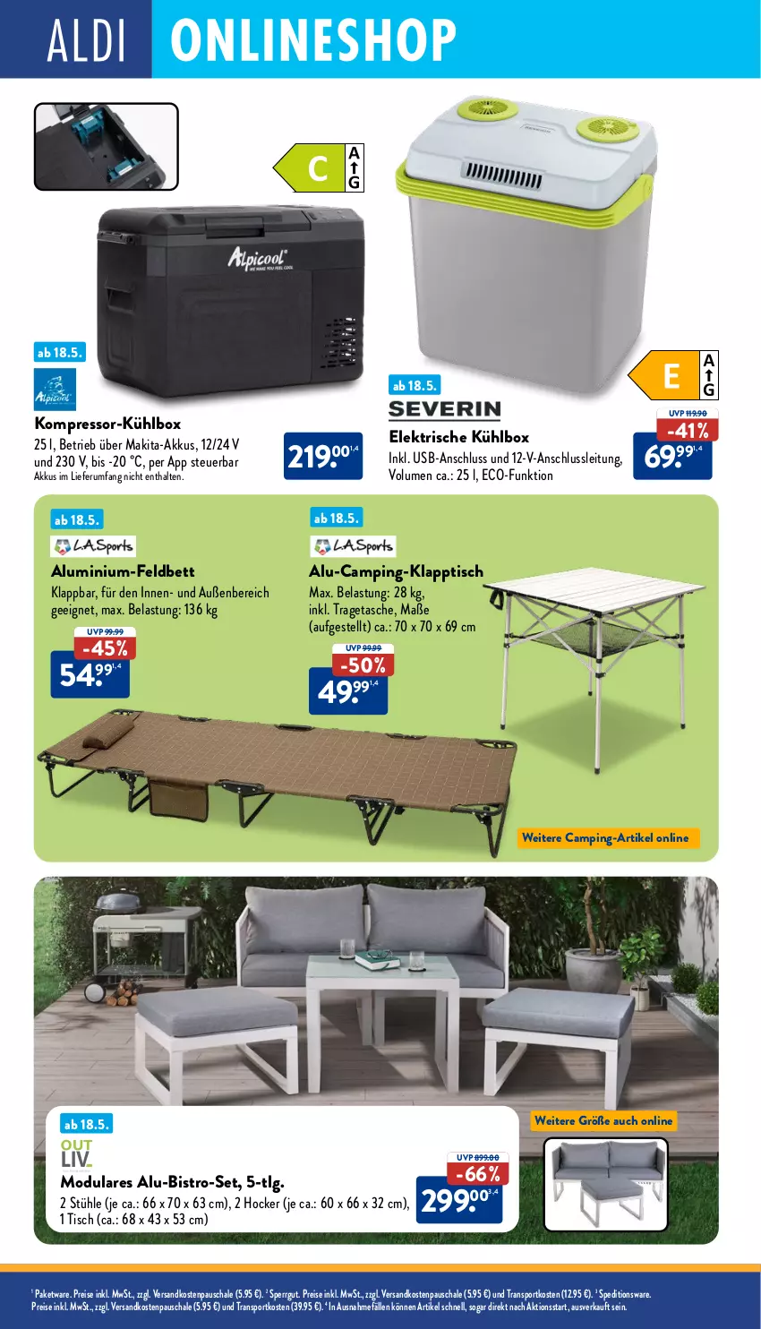 Aktueller Prospekt Aldi Nord - Von Montag - von 19.05 bis 24.05.2025 - strona 34 - produkty: akku, bett, eis, Feldbett, hocker, klapptisch, kompressor, kühlbox, LG, Makita, ndk, reis, rum, Schal, Schale, Sport, Stühl, Tasche, Ti, tisch, tragetasche, usb