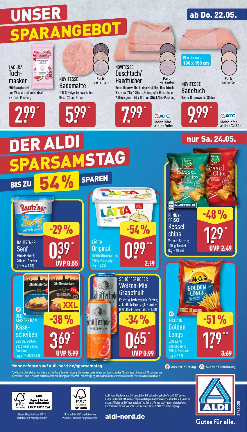 Aktueller Prospekt Aldi Nord - Von Montag - von 19.05 bis 24.05.2025 - strona 36 - produkty: aldi, alkohol, angebot, apfel, aus der tiefkühlung, auto, Bad, badematte, badetuch, Bau, baumwolle, Becher, beutel, chips, dell, duschtuch, elle, frucht, gin, Golden Longs, grana, granatapfel, grapefruit, halbfettmargarine, handtücher, Käse, käsescheiben, lätta, magazin, margarine, Maske, mccain, melone, melonen, Mode, Old Amsterdam, papier, Rana, reine baumwolle, Ria, schöfferhofer, senf, telefon, teller, Ti, tuc, tücher, tuchmaske, wasser, wassermelone, wassermelonen, wolle, ZTE