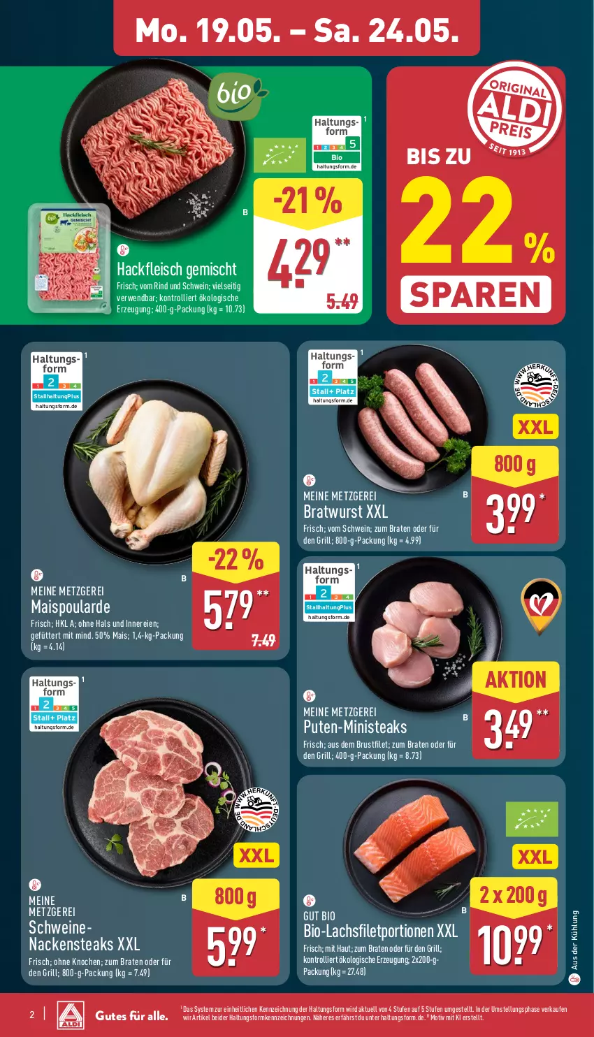 Aktueller Prospekt Aldi Nord - Von Montag - von 19.05 bis 24.05.2025 - strona 6 - produkty: bio, braten, bratwurst, brustfilet, eis, filet, fleisch, grill, hackfleisch, hackfleisch gemischt, lachs, lachsfilet, mais, Nackensteak, nackensteaks, pute, rind, rwe, schwein, schweine, schweinenacken, steak, steaks, Ti, trolli, wein, weine, wurst