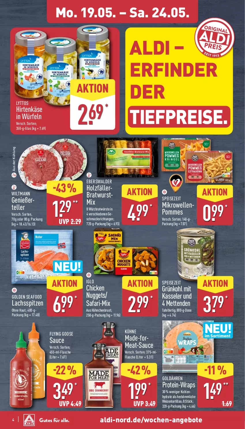 Aktueller Prospekt Aldi Nord - Von Montag - von 19.05 bis 24.05.2025 - strona 8 - produkty: aldi, angebot, angebote, bratwurst, chicken nuggets, eis, elle, flasche, hähnchenbrust, hirtenkäse, Holz, iglo, Käse, kasseler, Kühne, lachs, mac, Mett, metten, Mettenden, mikrowelle, nuggets, pommes, reis, sauce, teller, Ti, tiefpreis, tortilla, tortillas, wiltmann, wrap, wraps, würfel, wurst