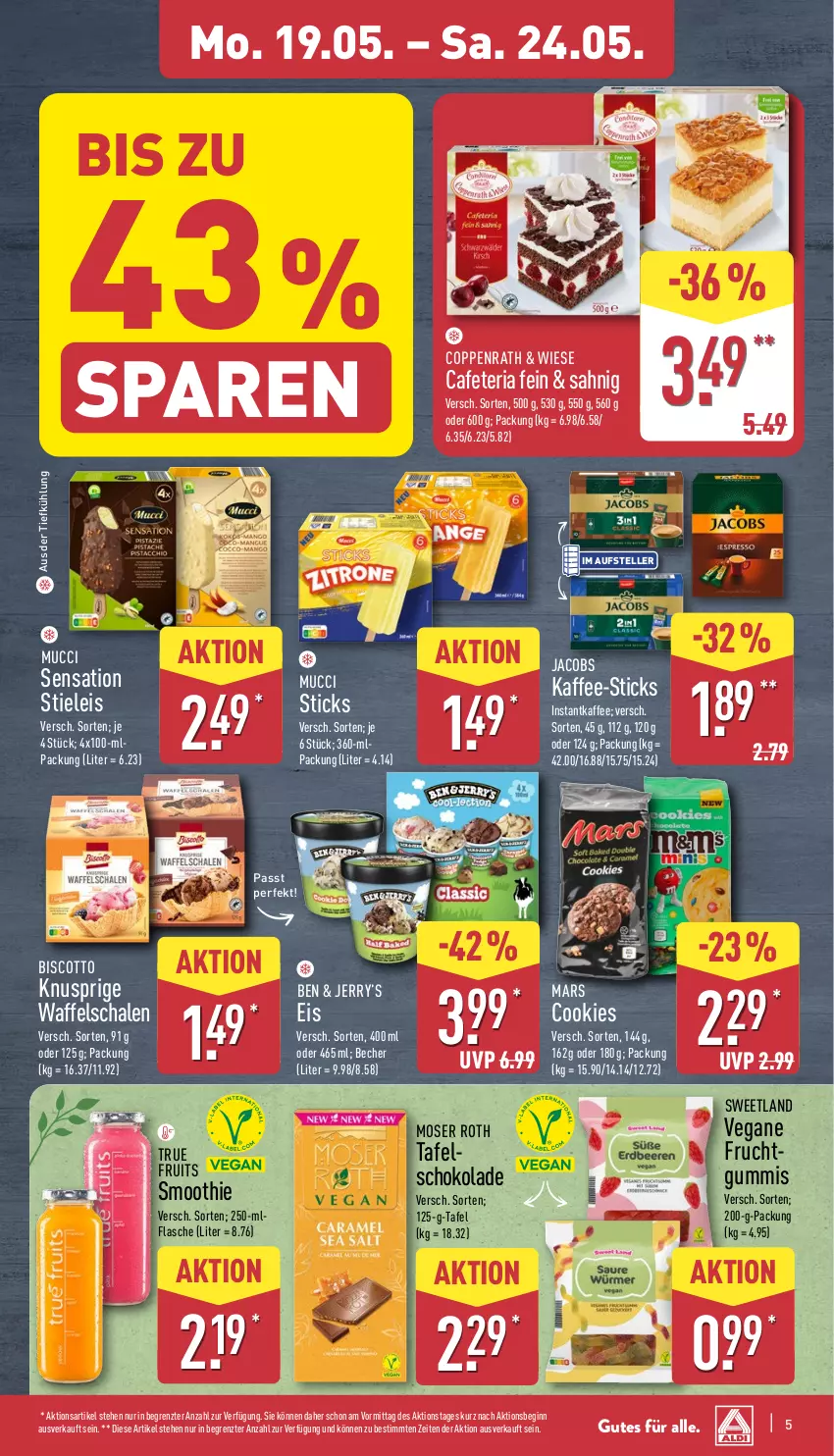 Aktueller Prospekt Aldi Nord - Von Montag - von 19.05 bis 24.05.2025 - strona 9 - produkty: aus der tiefkühlung, Becher, biscotto, cookie, cookies, coppenrath, eis, elle, flasche, frucht, fruchtgummi, fruchtgummis, gin, instantkaffee, jacobs, kaffee, mars, moser, Moser Roth, Ria, Schal, Schale, schoko, schokolade, smoothie, stieleis, Sweetland, tafelschokolade, teller, Ti, true fruits, ZTE