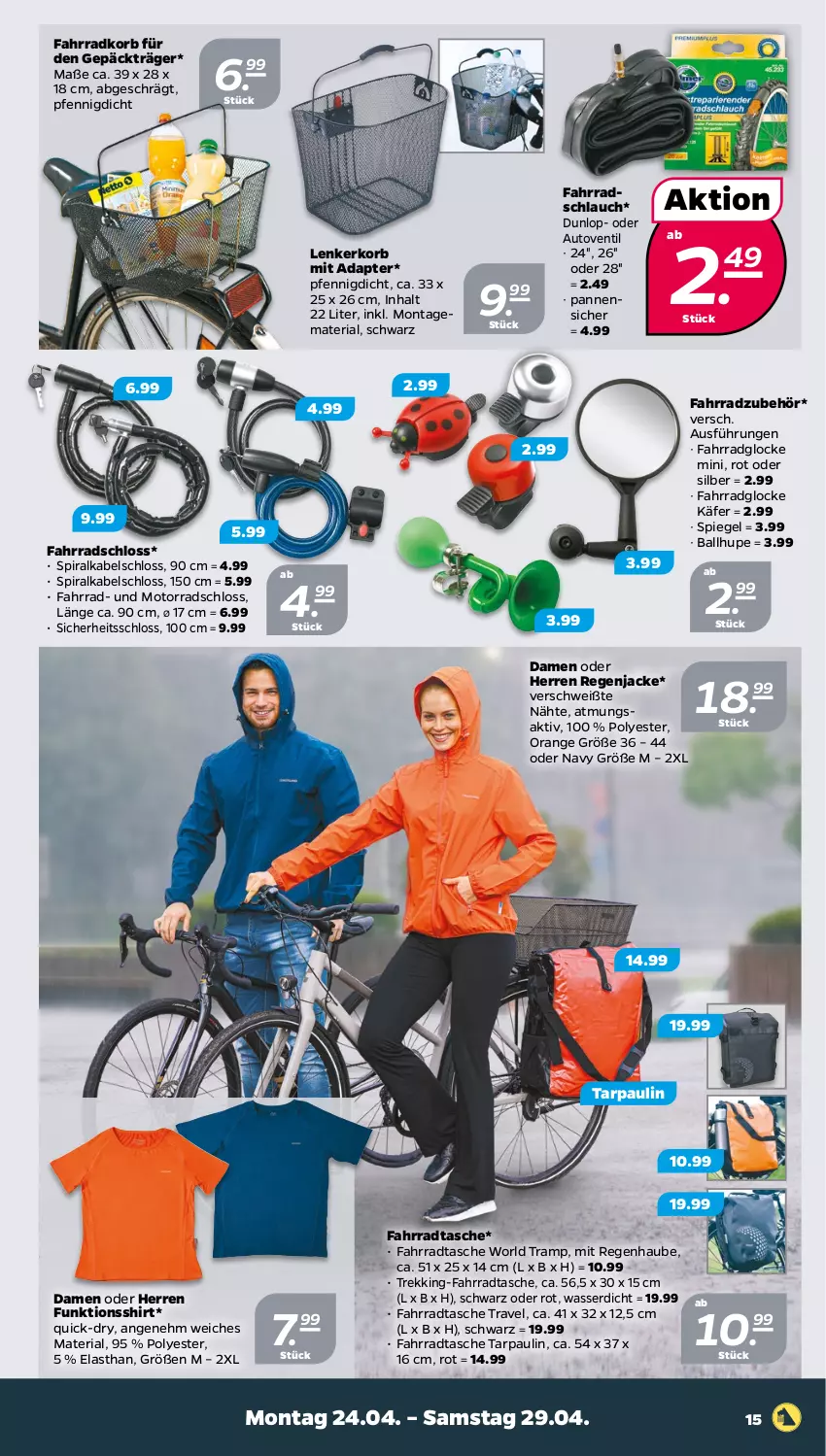 Aktueller Prospekt Netto - Woche 17 - von 24.04 bis 29.04.2023 - strona 15 - produkty: adapter, auto, ball, dunlop, Fahrrad, Fahrradschloss, Fahrradtasche, funktionsshirt, Jacke, käfer, korb, orange, Ria, schlauch, shirt, Tasche, Ti, wasser