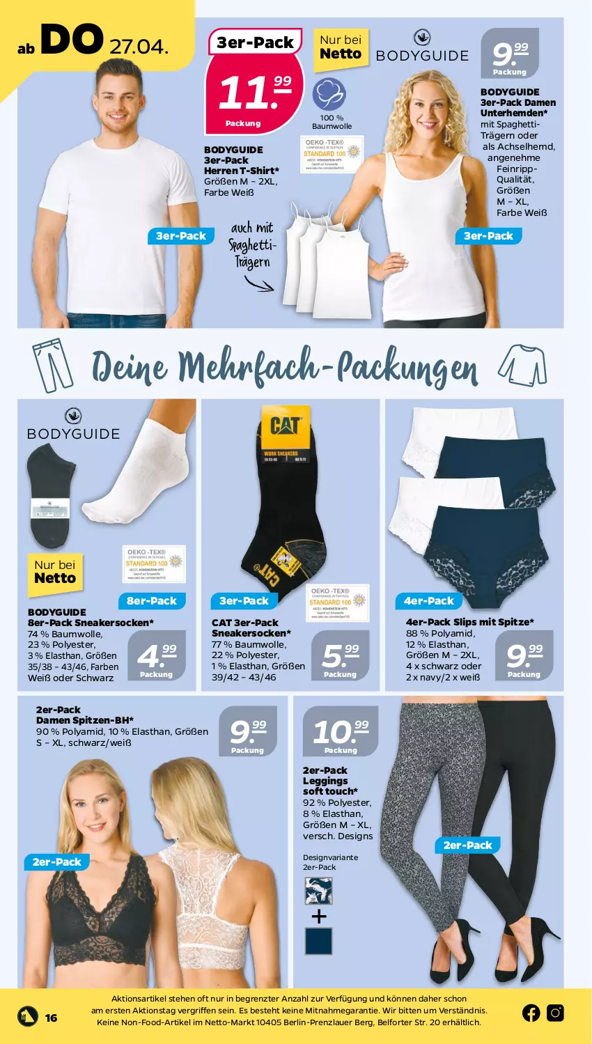 Aktueller Prospekt Netto - Woche 17 - von 24.04 bis 29.04.2023 - strona 16 - produkty: achselhemd, auer, Bau, baumwolle, body, gin, hemd, hemden, leggings, Ria, shirt, slip, slips, sneaker, sneakersocken, socken, spaghetti, T-Shirt, Ti, Unterhemd, unterhemden, wolle, ZTE