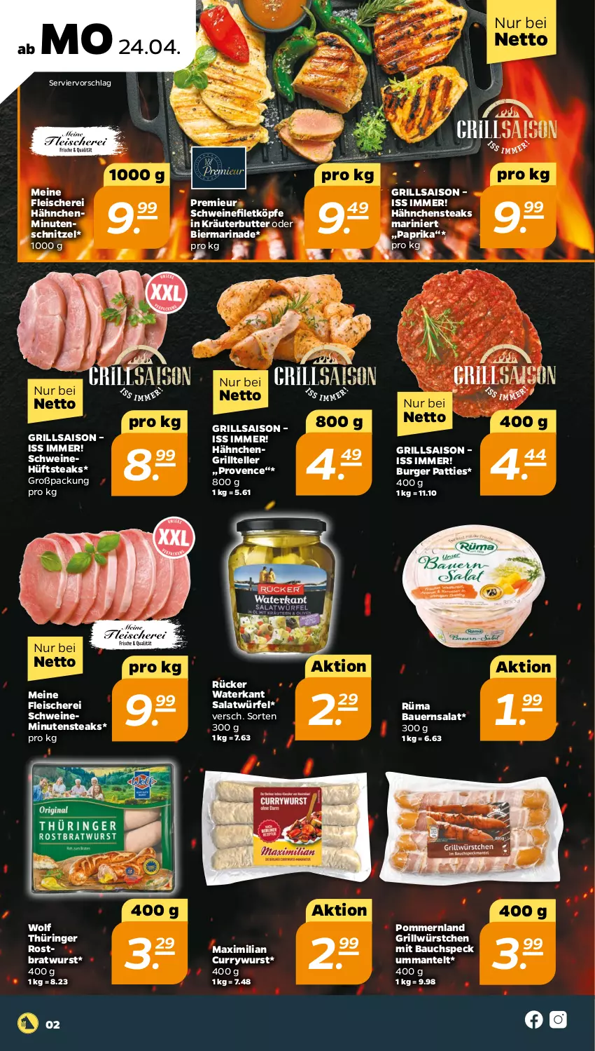 Aktueller Prospekt Netto - Woche 17 - von 24.04 bis 29.04.2023 - strona 2 - produkty: auer, Bau, Bauer, Bauernsalat, bier, bratwurst, burger, butter, curry, currywurst, eis, elle, filet, fleisch, Fleischerei, grill, Grillteller, Hähnchensteak, hähnchensteaks, hüftsteak, hüftsteaks, kräuter, kräuterbutter, Mantel, marinade, minutenschnitzel, minutensteaks, paprika, ring, rostbratwurst, salat, Salatwürfel, Schere, schnitzel, schwein, schweine, schweinefilet, Speck, steak, steaks, teller, thüringer rostbratwurst, Ti, wein, weine, würfel, wurst, würstchen