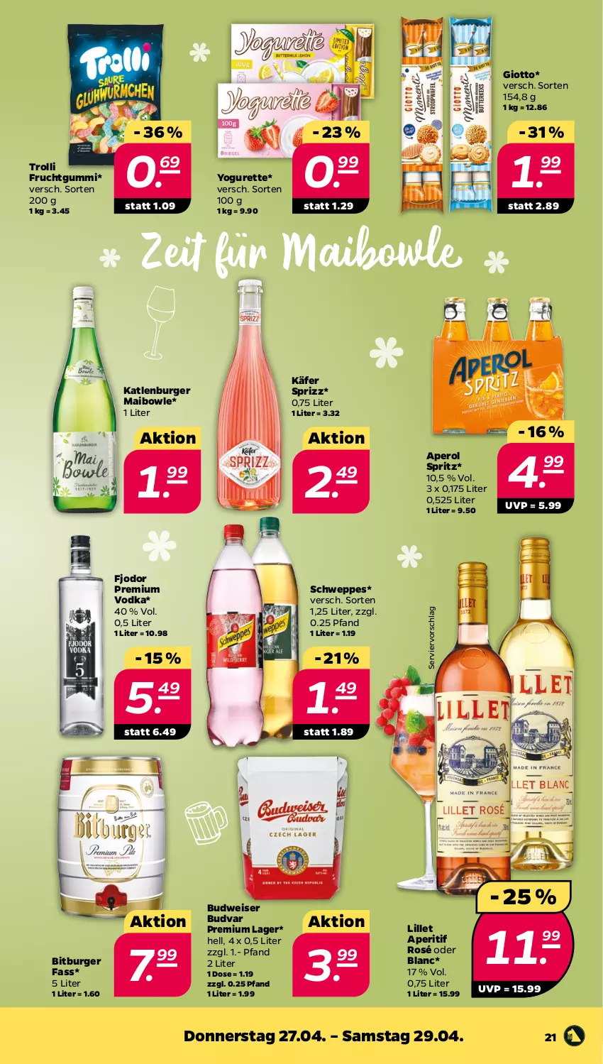 Aktueller Prospekt Netto - Woche 17 - von 24.04 bis 29.04.2023 - strona 21 - produkty: aperitif, aperol, bitburger, bowle, budweiser, burger, eis, frucht, fruchtgummi, giotto, käfer, katlenburger, lillet, premium vodka, schweppes, Sprizz, Ti, trolli, trolli fruchtgummi, vodka, Yo, yogurette