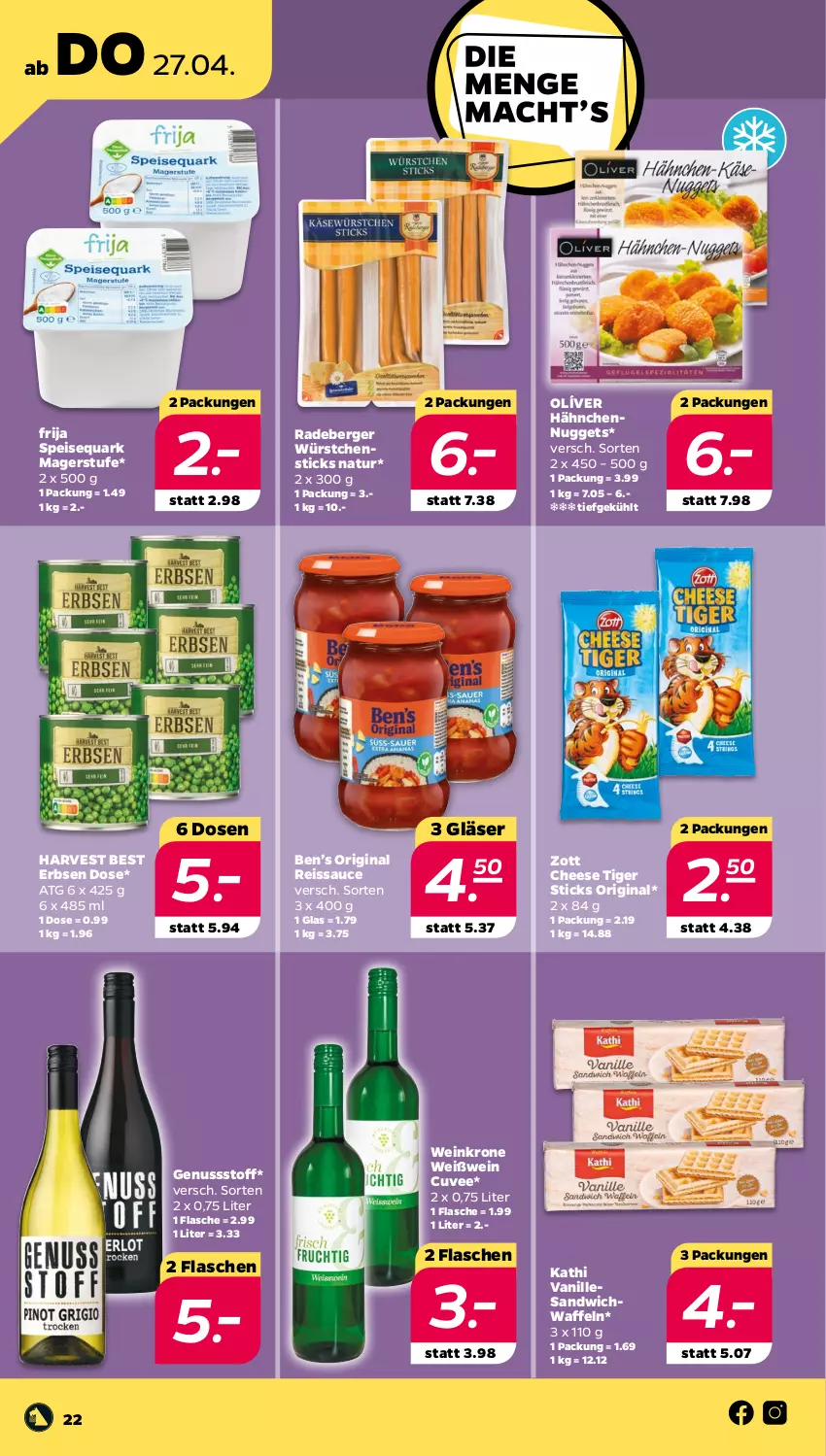 Aktueller Prospekt Netto - Woche 17 - von 24.04 bis 29.04.2023 - strona 22 - produkty: Ben’s Original, Berger, eis, erbsen, flasche, gin, Gläser, krone, natur, nuggets, nuss, quark, radeberger, reis, reiss, sandwich, sauce, speisequark, Ti, vanille, waffeln, wein, Weißwein, würstchen, zott