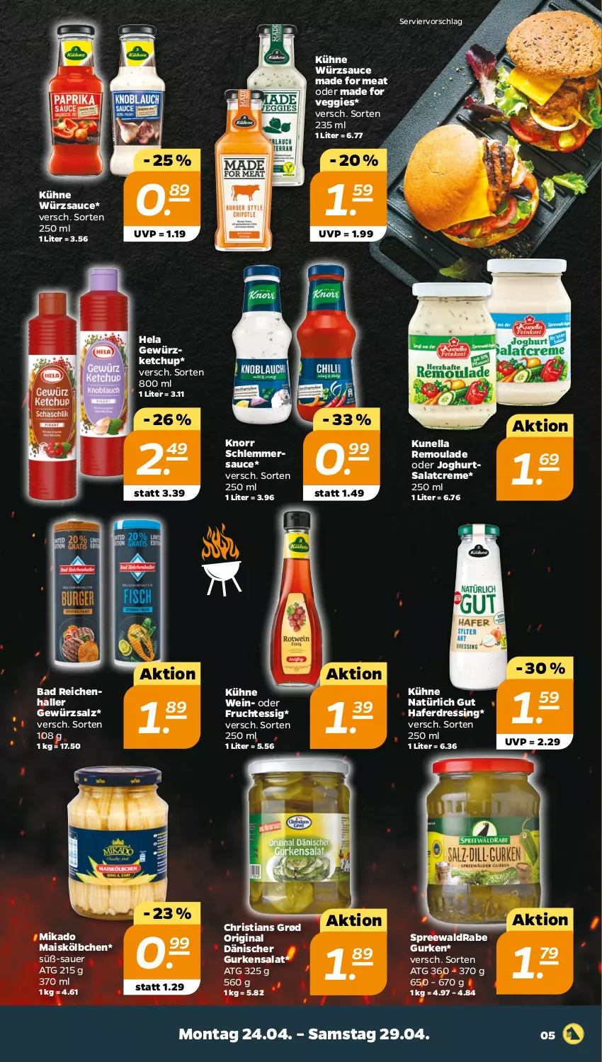 Aktueller Prospekt Netto - Woche 17 - von 24.04 bis 29.04.2023 - strona 5 - produkty: auer, Bad, creme, dressing, essig, frucht, gewürz, gewürzketchup, gewürzsalz, gin, gurke, gurken, gurkensalat, hafer, Hela, joghur, joghurt, ketchup, knorr, Kühne, mais, mikado, remoulade, salat, salatcreme, salz, sauce, schlemmersauce, Ti, veggie, wein, würzsauce