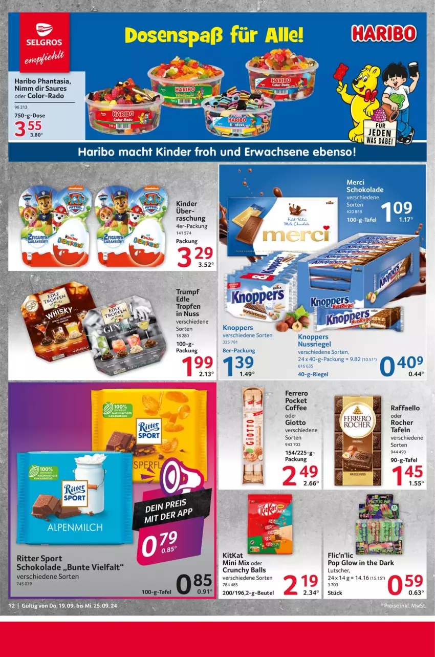 Aktueller Prospekt Selgros - Food - von 19.09 bis 25.09.2024 - strona 12 - produkty: alpenmilch, ball, beutel, eier, ferrero, giotto, haribo, Kinder, kitkat, knoppers, Lutscher, merci, milch, nuss, nussriegel, raffaello, riegel, rum, schoko, schokolade, Sport, Ti