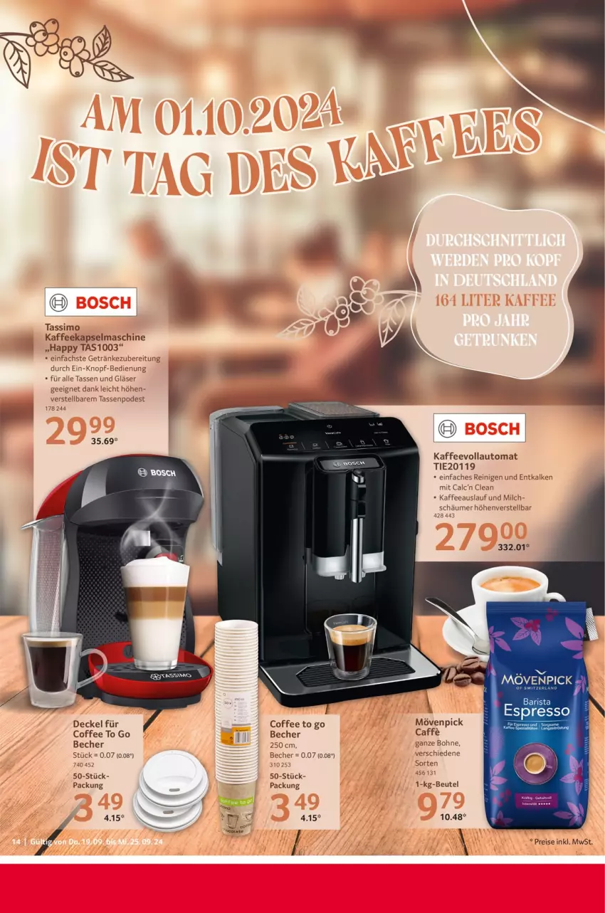 Aktueller Prospekt Selgros - Food - von 19.09 bis 25.09.2024 - strona 14 - produkty: auto, Becher, beutel, bohne, caffe, decke, Deckel, eis, espresso, getränk, getränke, Gläser, kaffee, kaffeevollautomat, Kapselmaschine, milch, mövenpick, reis, sim, tasse, tassimo, Ti