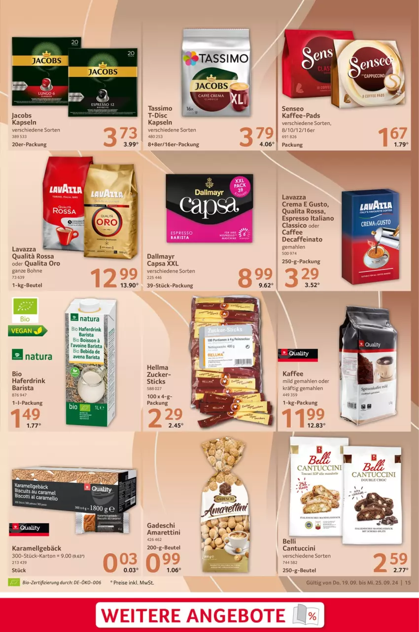 Aktueller Prospekt Selgros - Food - von 19.09 bis 25.09.2024 - strona 15 - produkty: beutel, bio, bohne, caffe, cantuccini, Cap, cin, classico, dallmayr, dallmayr capsa, drink, eis, espresso, hafer, Haferdrink, jacobs, kaffee, kaffee-pads, karamell, lavazza, LG, mandel, natur, natura, reis, senseo, sim, tassimo, tee, Ti, tuc, zucker