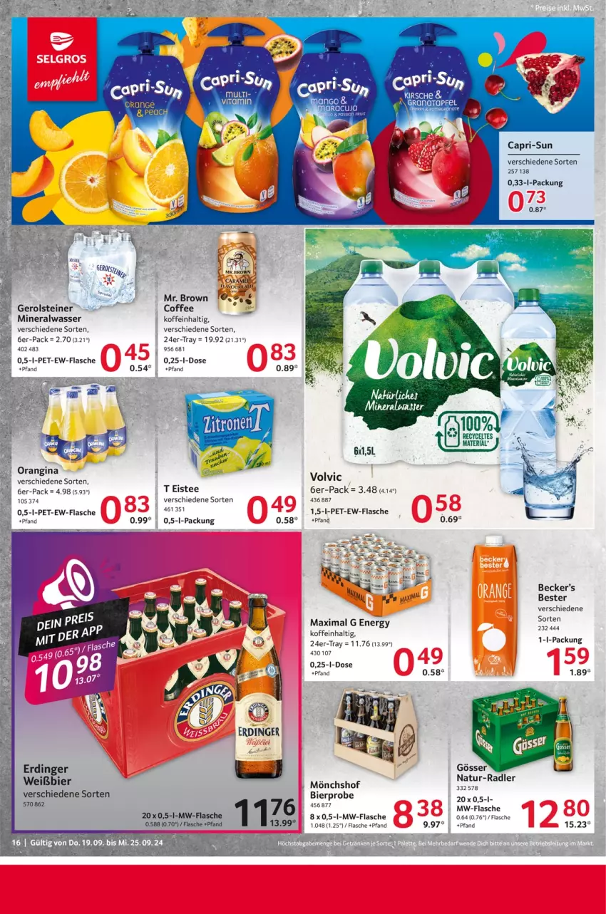 Aktueller Prospekt Selgros - Food - von 19.09 bis 25.09.2024 - strona 16 - produkty: bier, Cap, capri-sun, eis, eistee, Engel, erdinger, flasche, gin, mönchshof, mw-flasche, natur, orangina, radler, tee, Ti, volvic