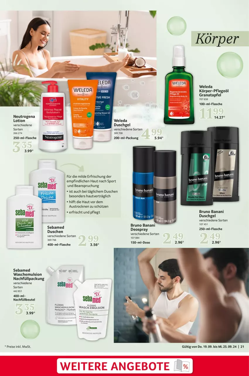 Aktueller Prospekt Selgros - Food - von 19.09 bis 25.09.2024 - strona 21 - produkty: aust, Bad, beutel, bruno banani, deo, deospray, dusche, duschgel, eis, flasche, Hautpflege, Lotion, neutrogena, Pflegeöl, Rana, Reinigung, reis, Schütze, sebamed, Seife, Sport, tee, Ti, weleda