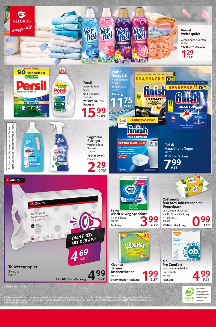 Aktueller Prospekt Selgros - Food - von 19.09 bis 25.09.2024 - strona 24 - produkty: balsam, bio, cottonelle, elle, feuchtes toilettenpapier, flasche, kraft, Maschinenpfleger, O.b., papier, persil, Rauch, reiniger, Reinigung, rwe, sagrotan, Tasche, taschen, taschentücher, Ti, toilettenpapier, tücher, universal pulver, vernel, weichspüler, zewa