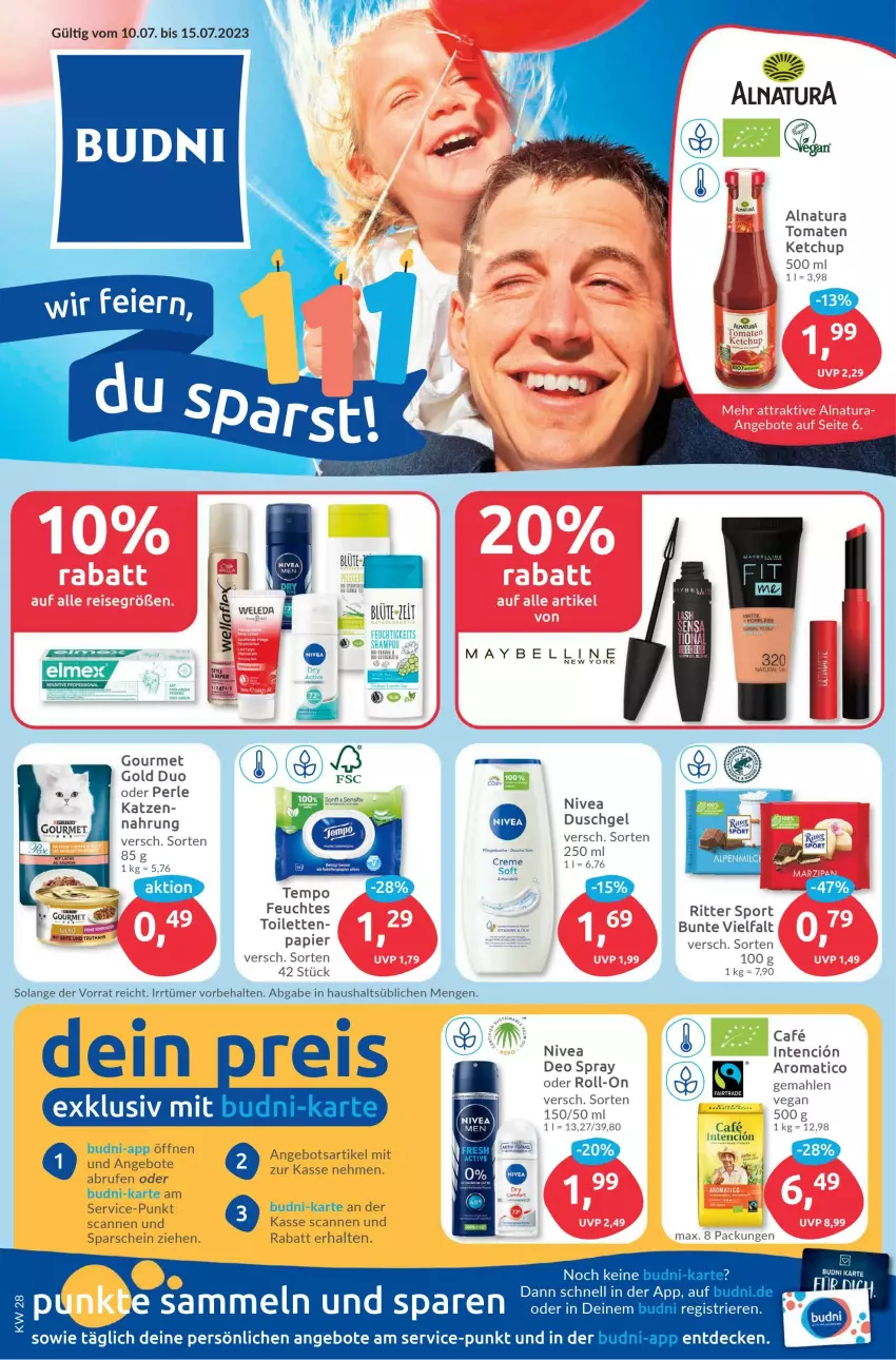 Aktueller Prospekt Budni - Prospekte - von 10.07 bis 15.07.2023 - strona 1 - produkty: angebot, angebote, Brufen, decke, deo, deo spray, duschgel, eis, ente, gourmet gold, ketchup, natur, natura, nivea, reis, ritter, ritter sport, roll-on, Sport, Tempo, Ti, tomate, tomaten, tomaten ketchup, Yo