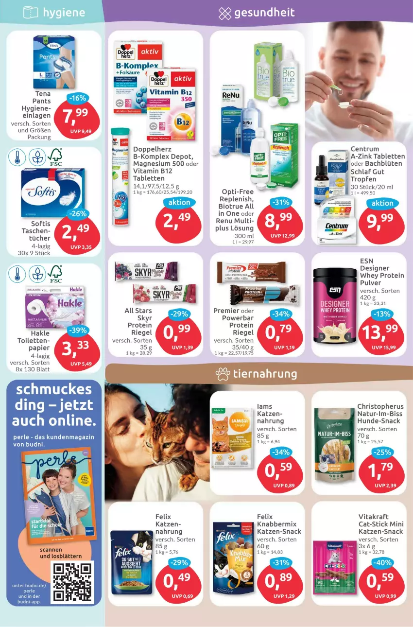 Aktueller Prospekt Budni - Prospekte - von 10.07 bis 15.07.2023 - strona 5 - produkty: B-Komplex, Bau, bio, Blüte, doppelherz, felix, hakle, kraft, magazin, magnesium, natur, Pants, papier, riegel, rum, Schmuck, Skyr, snack, tablet, tablett, Tablette, Tasche, taschen, Ti, tücher, vita, vitakraft, Vitamin B