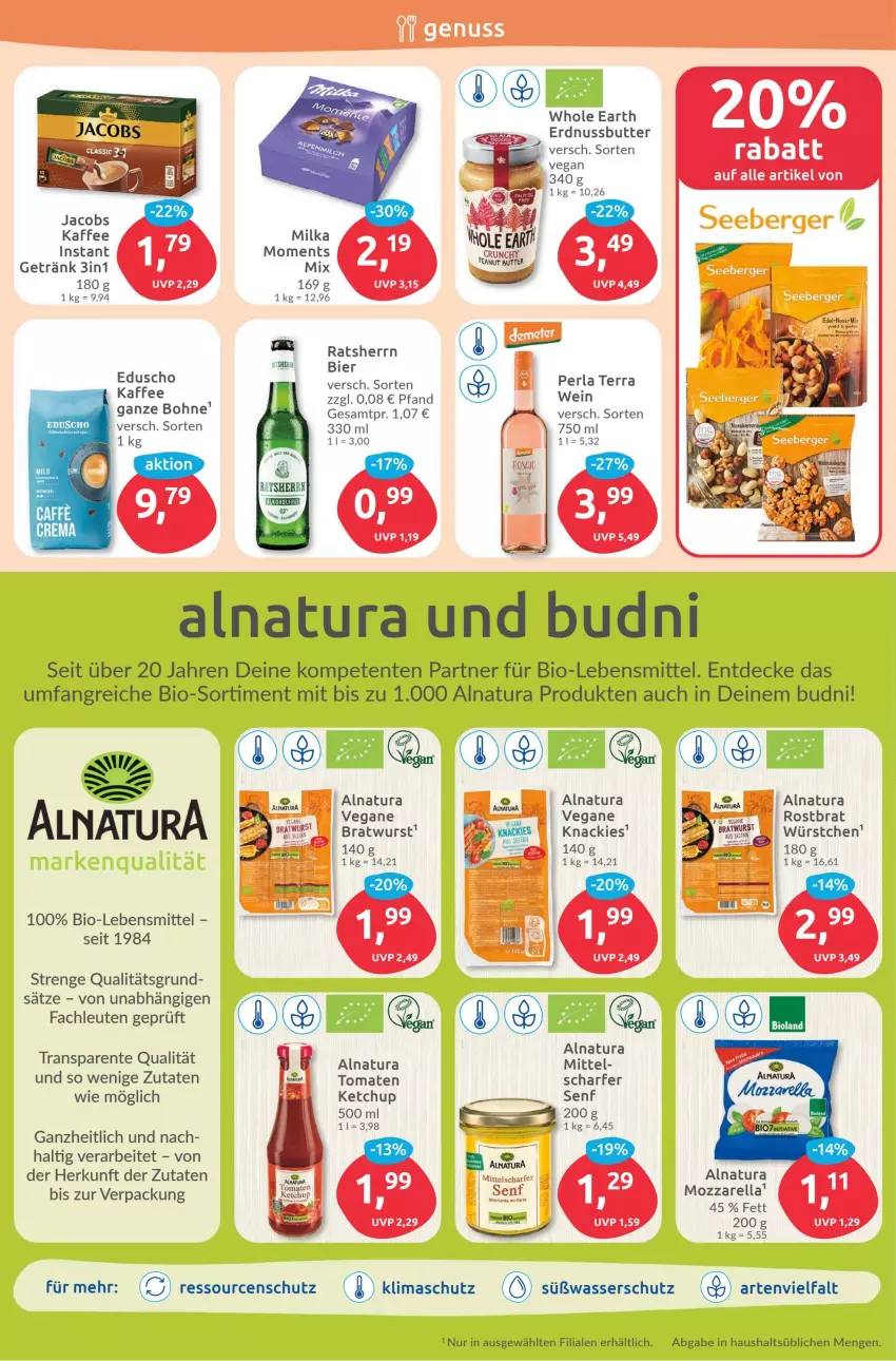 Aktueller Prospekt Budni - Prospekte - von 10.07 bis 15.07.2023 - strona 6 - produkty: bier, bio, bohne, bratwurst, butter, decke, ente, erdnuss, Erdnussbutter, getränk, jacobs, kaffee, ketchup, lebensmittel, milka, mozzarella, natur, natura, nuss, perla, Ratsherrn, rel, senf, Ti, tomate, tomaten, wasser, wein, wurst, würstchen