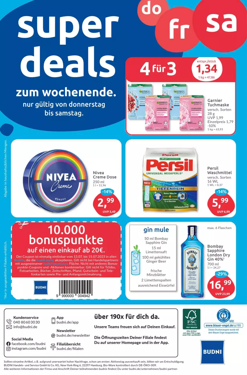 Aktueller Prospekt Budni - Prospekte - von 10.07 bis 15.07.2023 - strona 8 - produkty: acer, auer, bio, bombay sapphire, creme, drucker, eis, eiswürfel, elle, Engel, flasche, garnier, gin, ginger, kerze, limette, limetten, london dry, Maske, Mett, metten, nivea, Omep, persil, reis, ring, saft, sapphire, Ti, trolli, tuc, tuchmaske, Vase, waschmittel, wein, weine, würfel, Yo