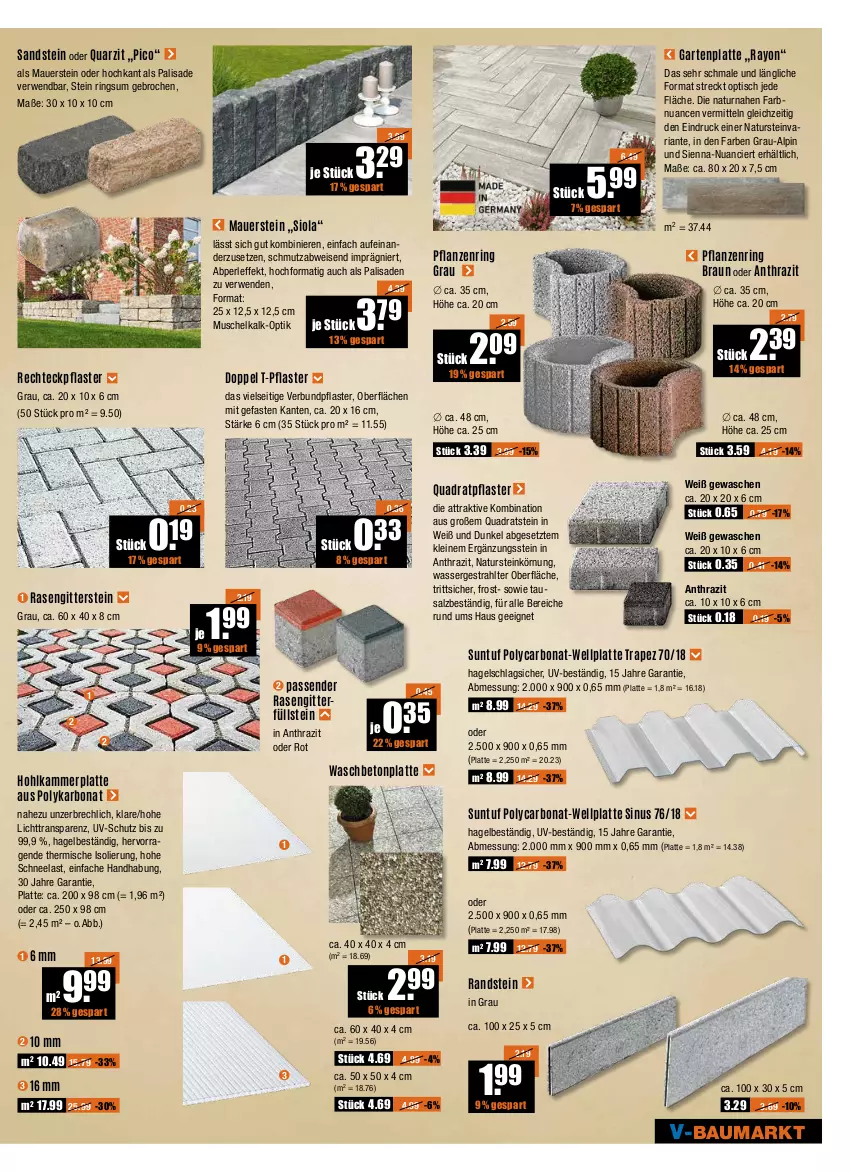 Aktueller Prospekt Vmarkt - V-Baumarkt - von 02.06 bis 08.06.2022 - strona 5 - produkty: auer, Bau, Bona, braun, eis, Garten, Hohlkammerplatte, latte, leine, natur, naturstein, Nuance, pflanze, pflanzen, pflaster, quad, rasen, rechteckpflaster, Ria, ring, rwe, salz, Ti, tisch, uv-schutz, wasser, Wellplatte, Yo, ZTE