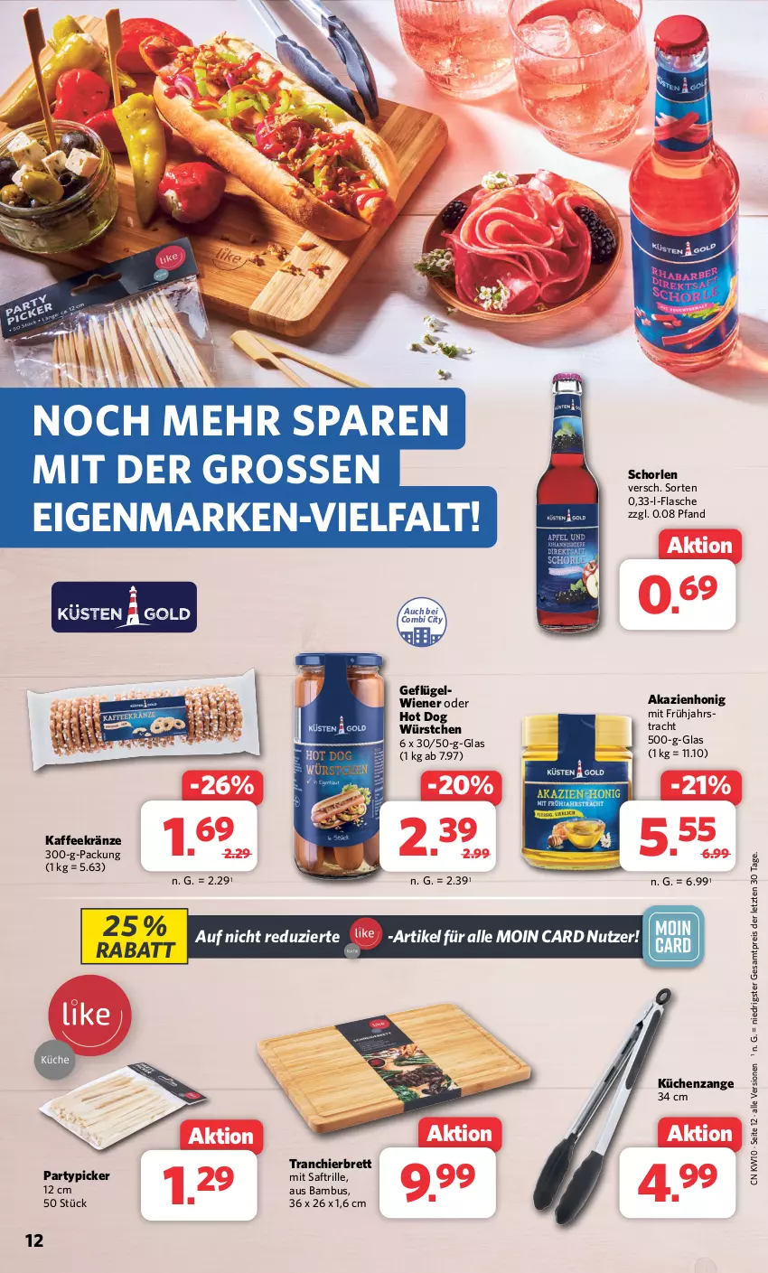 Aktueller Prospekt Combi - Prospekte - von 04.03 bis 09.03.2024 - strona 12 - produkty: bambus, eis, flasche, Geflügel, honig, hot dog, kaffee, küche, Küchen, reis, saft, schorle, Ti, Tranchierbrett, wiener, würstchen, ZTE