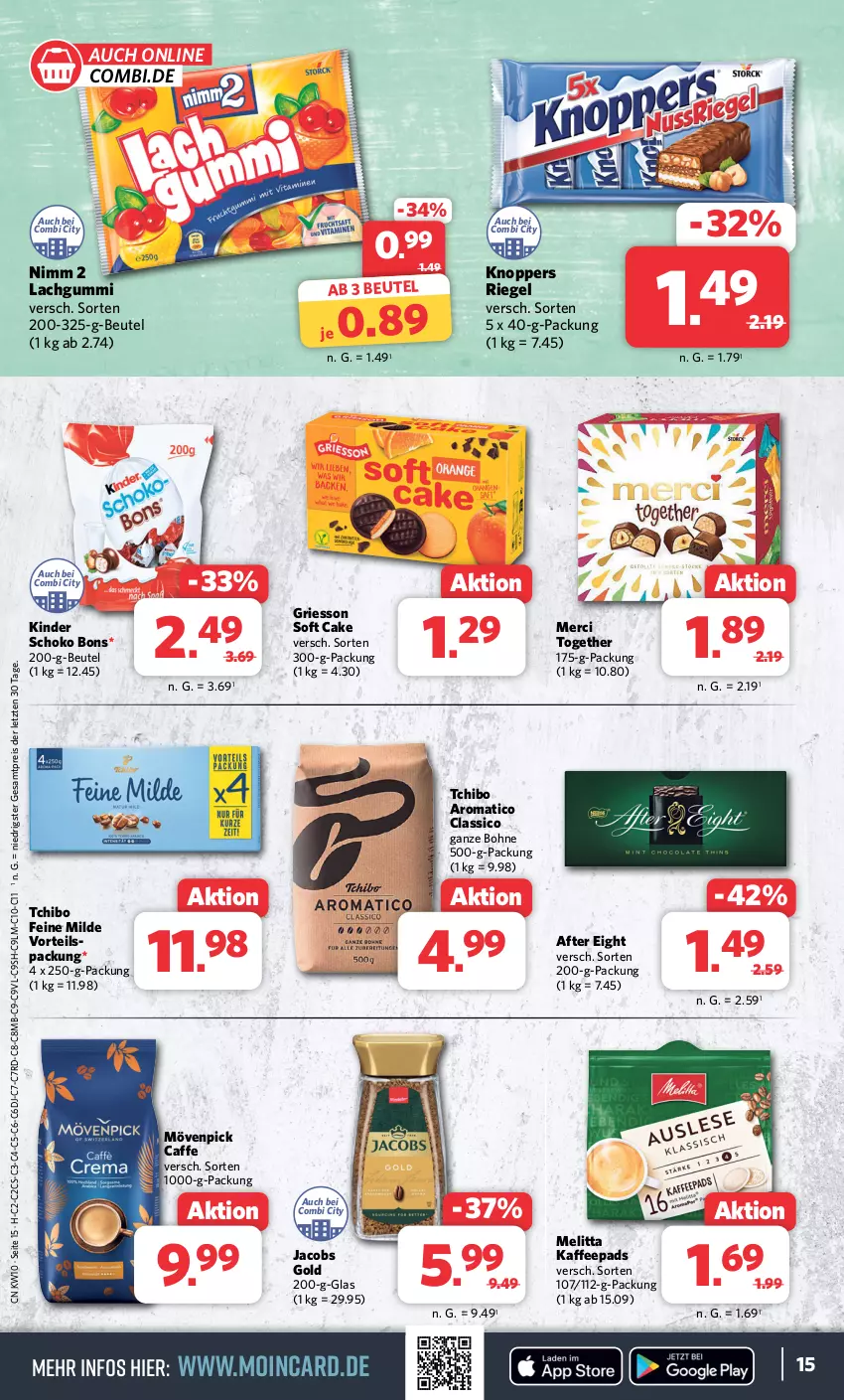 Aktueller Prospekt Combi - Prospekte - von 04.03 bis 09.03.2024 - strona 15 - produkty: after eight, beutel, bohne, caffe, classico, eis, griesson, jacobs, Jacobs Gold, kaffee, kaffeepads, Kinder, knoppers, lachgummi, melitta, merci, mövenpick, Nimm 2, reis, riegel, schoko, Tchibo, Ti, ZTE