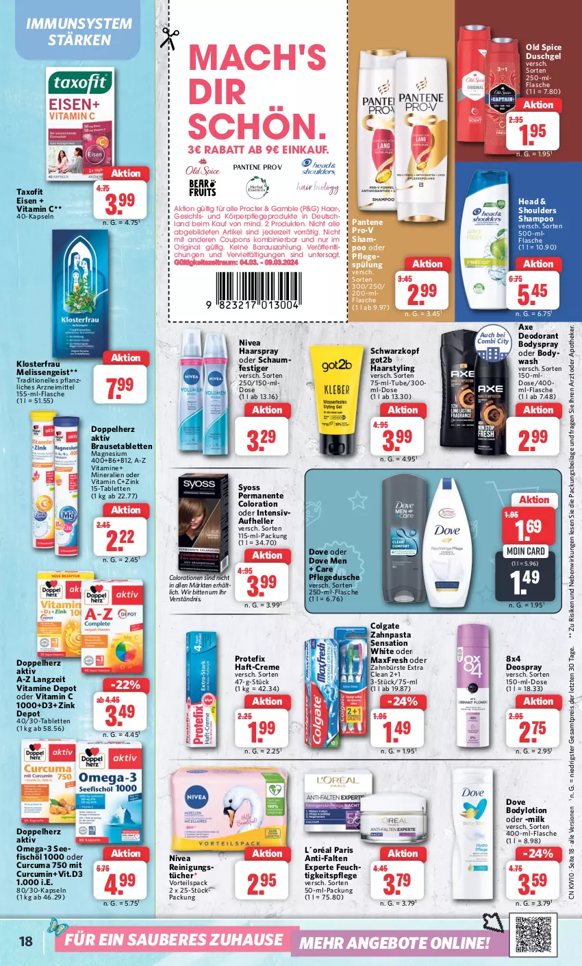 Aktueller Prospekt Combi - Prospekte - von 04.03 bis 09.03.2024 - strona 18 - produkty: angebot, angebote, anti-falten experte, Apotheke, axe, body, bodylotion, bodyspray, brause, Brausetabletten, bürste, colgate, Colorationen, coupon, coupons, creme, deo, deodorant, deospray, doppelherz, dove, dusche, duschgel, eis, elle, ente, feuchtigkeitspflege, fisch, flasche, gin, got2b, haarspray, ilag, körperpflege, L´Oréal, LG, Lotion, mac, magnesium, magnesium 400, nivea, oder schaumfestiger, Old Spice, omega, Omega-3, pantene, pantene pro-v, pasta, pflegedusche, pro-v, Reinigung, reis, schaumfestiger, schwarzkop, schwarzkopf, shampoo, spülung, syoss, tablet, tablett, Tablette, Taxofit, Ti, tücher, vita, Vitamin C, Vitamine, Yo, zahnbürste, zahnpasta, ZTE