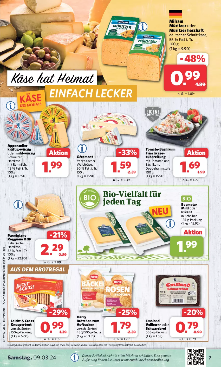 Aktueller Prospekt Combi - Prospekte - von 04.03 bis 09.03.2024 - strona 7 - produkty: angebot, angebote, appenzeller, basilikum, Beemster, beutel, bio, brot, brötchen, deutscher schnittkäse, doppelrahmstufe, eis, elle, französischer weichkäse, frischkäse, géramont, hartkäse, italienischer hartkäse, kaes, Käse, korn, milch, milram, parmigiano, parmigiano reggiano, regal, reggiano, reis, schnittkäse, Schwarzbrot, schweizer hartkäse, stube, Ti, tomate, tomate-basilikum, tomaten, weichkäse, wurst, ZTE