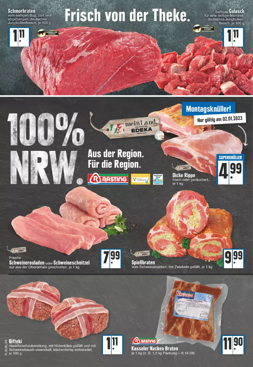 Aktueller Prospekt E Center - Angebote der Woche - von 02.01 bis 07.01.2023 - strona 10 - produkty: Bau, braten, eis, ente, fleisch, hackfleisch, hirtenkäse, Käse, kasseler, küche, Küchen, mit zwiebeln, nero, rouladen, saft, Schal, Schale, schmorbraten, schnitten, schnitzel, schwein, schweine, Schweinebauch, schweinenacken, Schweineroulade, schweineschnitzel, Ti, vom schweinenacken, wein, weine, WICK, zwiebel, zwiebeln