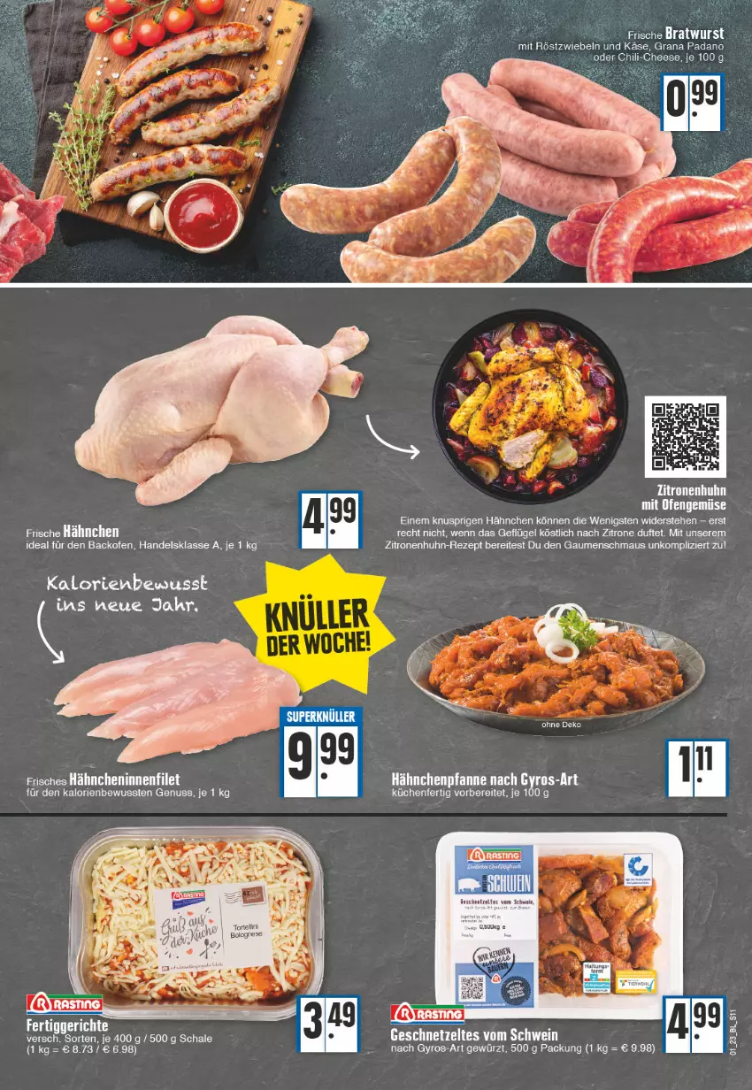 Aktueller Prospekt E Center - Angebote der Woche - von 02.01 bis 07.01.2023 - strona 11 - produkty: backofen, chili, Frische Hähnchen, Geflügel, geschnetzeltes, gewürz, grana, grana padano, gyros, Käse, küche, Küchen, Maus, mit röstzwiebeln, nuss, Ofen, padano, pfanne, Rana, rezept, röstzwiebeln, Schal, Schale, Ti, Zelt, zitrone, zitronen, zwiebel, zwiebeln