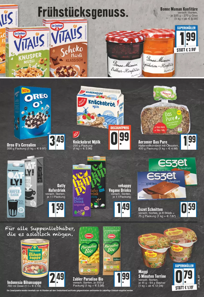 Aktueller Prospekt E Center - Angebote der Woche - von 02.01 bis 07.01.2023 - strona 17 - produkty: Becher, bio, bonne maman, brot, deutschlandcard, discount, drink, drinks, eis, erde, hafer, HP, knäckebrot, konfitüre, korn, Kornbrot, maggi, mam, mjölk, nuss, reis, schnitten, suppe, suppen, Ti, tisch, vollkornbrot