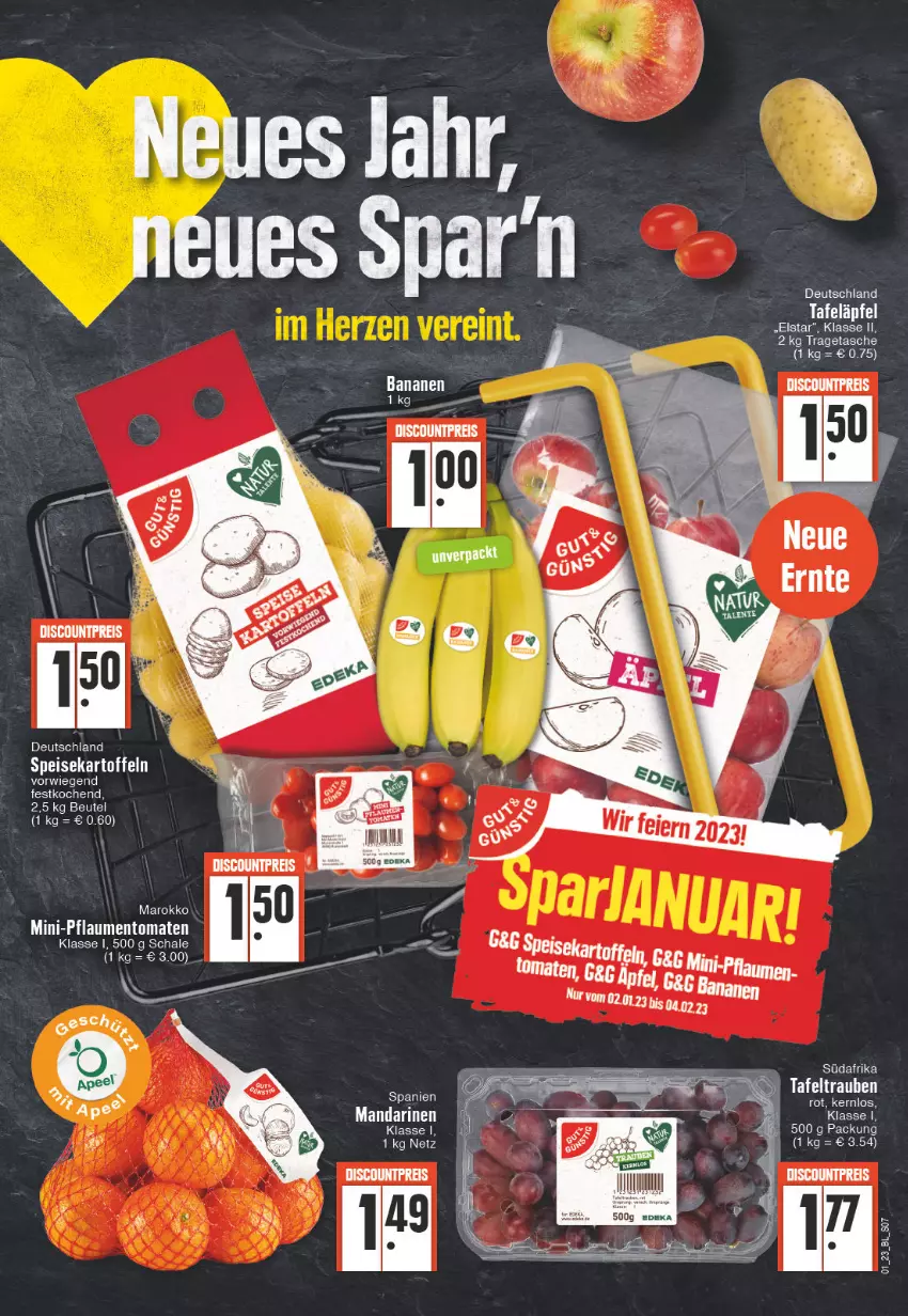 Aktueller Prospekt E Center - Angebote der Woche - von 02.01 bis 07.01.2023 - strona 7 - produkty: banane, bananen, beutel, discount, eis, kartoffel, kartoffeln, LG, mandarine, mandarinen, pflaume, pflaumen, reis, speisekartoffeln, tafeläpfel, tafeltrauben, Tasche, tomate, tomaten, tragetasche, trauben