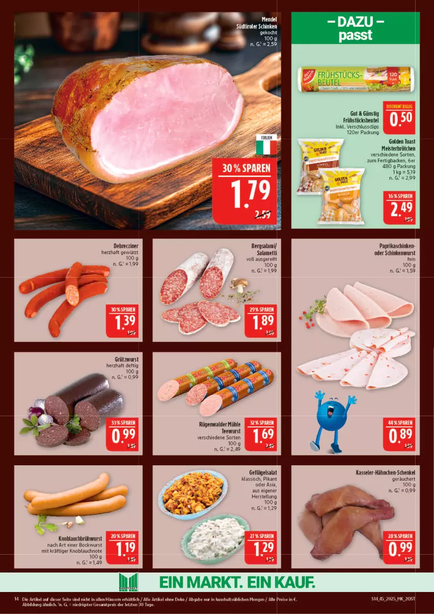 Aktueller Prospekt Marktkauf - Prospekt - von 02.11 bis 08.11.2025 - strona 14 - produkty: beutel, bockwurst, Brühwurst, debrecziner, eis, Geflügel, geflügelsalat, gewürz, golden toast, hähnchen-schenkel, henkel, kasseler, knoblauch, Knoblauchbrühwurst, Meister, paprika, reis, rügenwalder, rügenwalder mühle, salami, salat, schenkel, schinken, schinkenwurst, tee, teewurst, Ti, toast, wurst, ZTE