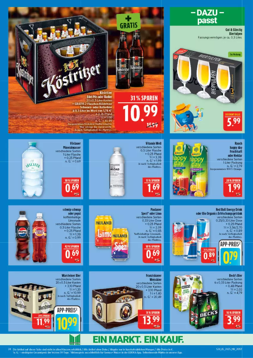 Aktueller Prospekt Marktkauf - Prospekt - von 02.11 bis 08.11.2025 - strona 24 - produkty: Alwa, auer, bier, bio, discount, drink, eis, energy drink, erfrischungsgetränk, flasche, franziskaner, frucht, fruchtsaft, getränk, Happy Day, köstritzer, limette, limo, limonade, Mett, mineralwasser, Nektar, orange, Paula, paulaner, pepsi, radler, Rauch, reis, rel, sac, saft, Schwip Schwap, Spezi, steiner, tee, Ti, vita, vöslauer, warsteiner, wasser, weissbier