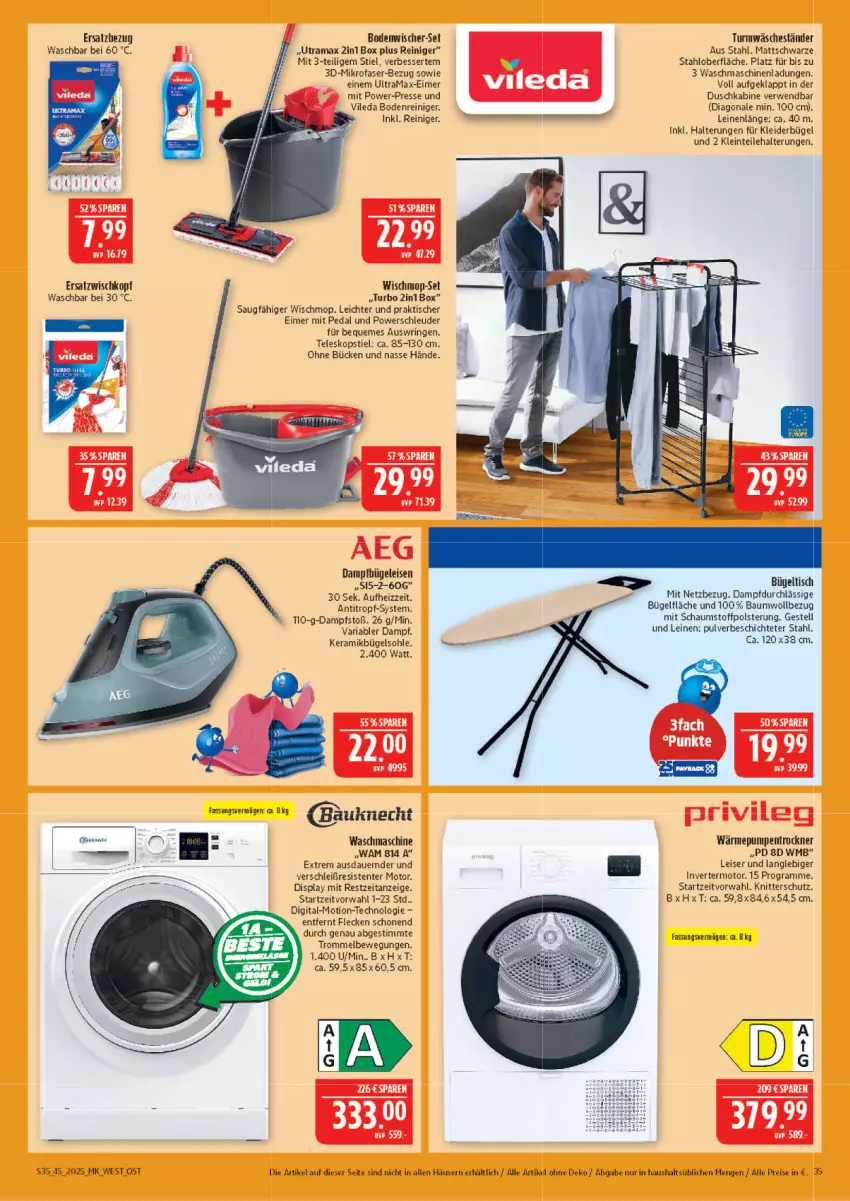 Aktueller Prospekt Marktkauf - Prospekt - von 02.11 bis 08.11.2025 - strona 35 - produkty: aeg, auer, Bau, bauknecht, bodenwischer, bügel, Bügeleisen, bügeltisch, dampfbügeleisen, eier, eimer, eis, ente, kleid, kleider, kleiderbügel, leine, mikrofaser, privileg, rama, reiniger, reis, Ria, ring, rwe, Teleskop, teleskopstiel, Ti, tisch, Trockner, trommel, vileda, wärmepumpentrockner, waschmaschine, waschmaschinen