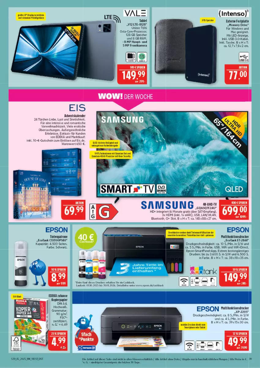 Aktueller Prospekt Marktkauf - Prospekt - von 02.11 bis 08.11.2025 - strona 39 - produkty: Adventskalender, deka, din a4, drucker, eis, epson, Externe Festplatte, festplatte, frontkamera, gutschein, HDMI, intenso, kamera, kopierpapier, latte, mac, papier, reis, rwe, tablet, Tasche, Ti, Tintenpatrone, tisch, uhd, UHD-TV, usb, ZTE