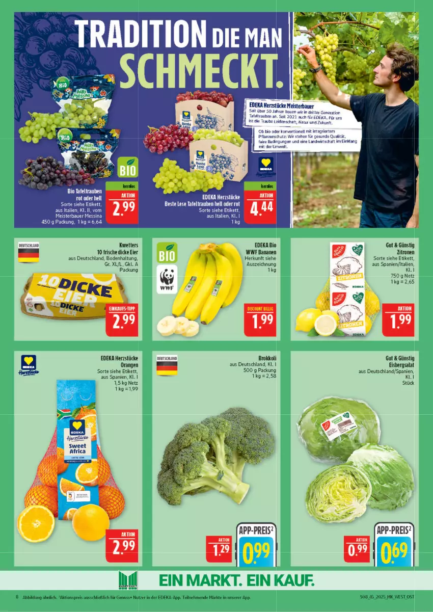 Aktueller Prospekt Marktkauf - Prospekt - von 02.11 bis 08.11.2025 - strona 8 - produkty: aktionspreis, auer, banane, bananen, Bau, Bauer, bio, brokkoli, deka, discount, edeka bio, eier, eis, Meister, natur, nuss, orange, orangen, pflanze, pflanzen, reis, ritter, salat, tafeltrauben, Ti, trauben, zitrone, zitronen