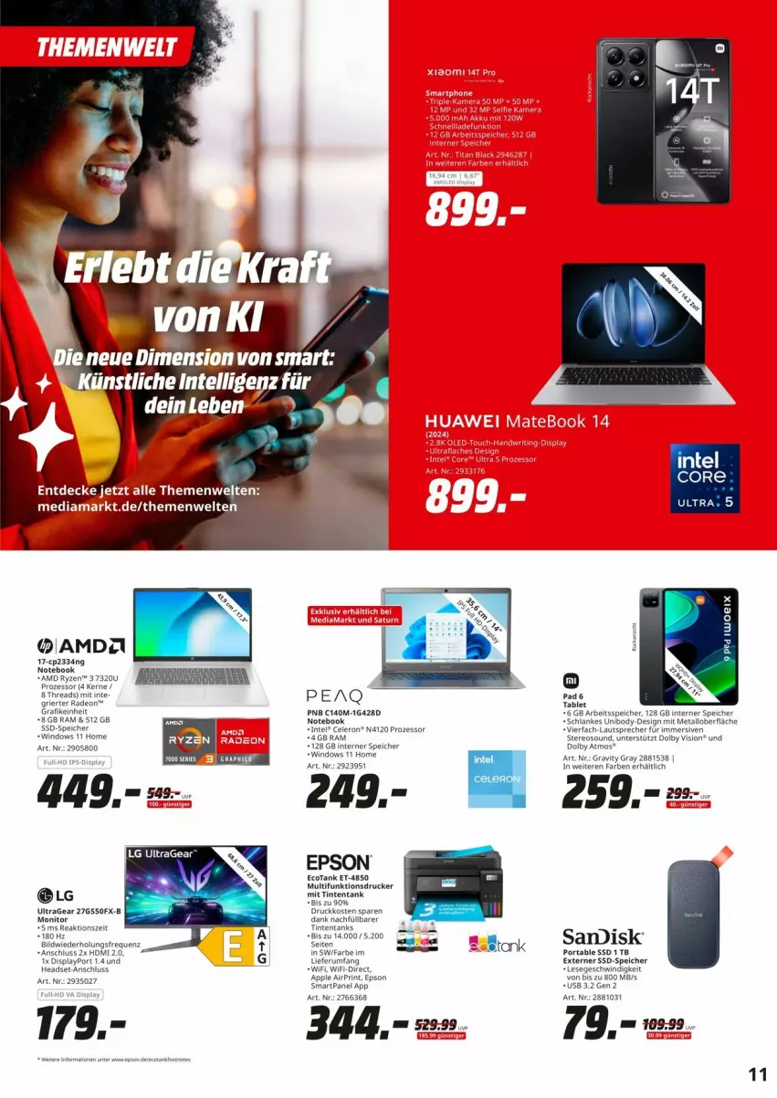 Aktueller Prospekt Saturn - Prospekte - von 07.10 bis 12.10.2024 - strona 11 - produkty: Apple, bio, body, celeron, deo, dip, epson, Intel, notebook, radeon, rum, ryzen, tablet, tee, usb, Wild