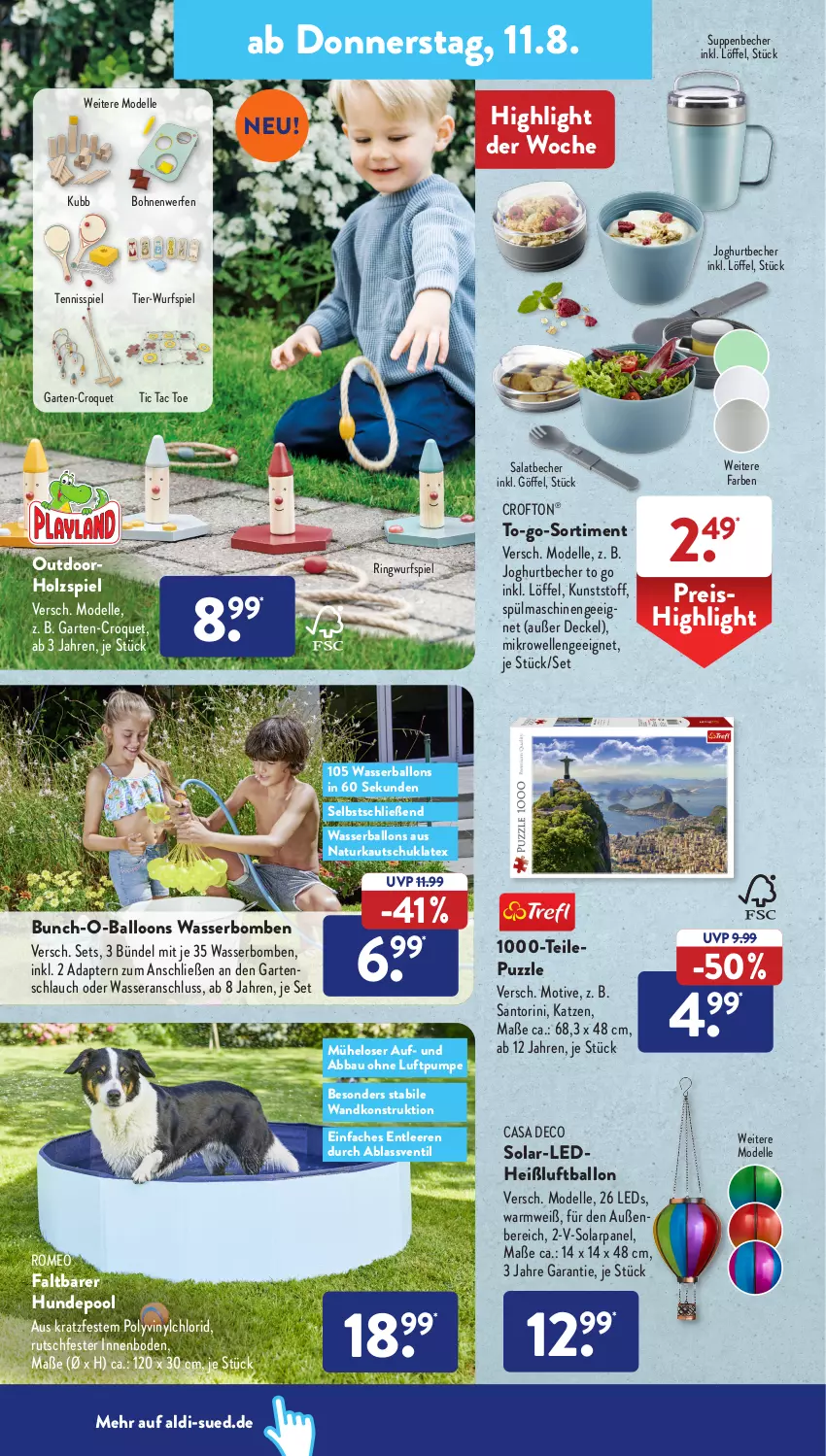 Aktueller Prospekt AldiSud - IN ZWEI WOCHEN - von 08.08 bis 13.08.2022 - strona 12 - produkty: Abba, adapter, aldi, ball, Bau, Becher, bohne, bohnen, casa deco, Crofton, crofton®, decke, Deckel, dell, eis, elle, Garten, gartenschlauch, Holz, joghur, joghurt, leds, Löffel, Luftballon, mikrowelle, Mode, natur, ndk, pool, Puzzle, reis, ring, salat, schlauch, spülmaschinen, suppe, suppen, Ti, wasser, Wasserball, Wasserballons, wasserbomben