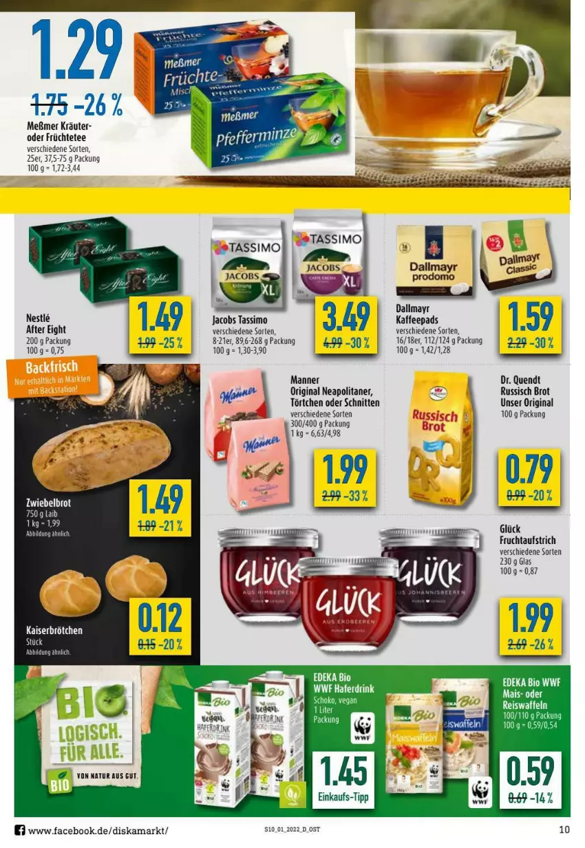 Aktueller Prospekt Diska - Prospekte - von 03.01 bis 08.01.2022 - strona 10 - produkty: after eight, aufstrich, bio, brot, brötchen, dallmayr, deka, drink, edeka bio, eis, frucht, fruchtaufstrich, früchte, Früchtetee, gin, hafer, Haferdrink, jacobs, jacobs tassimo, kaffee, kaffeepads, Kaiser, kräuter, Manner, Meßmer, natur, reis, russisch brot, schnitten, schoko, sim, tassimo, tee, Ti, Törtchen, zwiebel