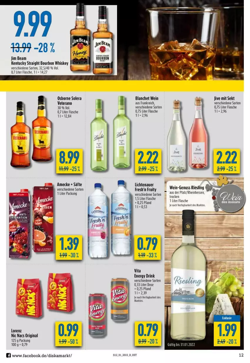 Aktueller Prospekt Diska - Prospekte - von 03.01 bis 08.01.2022 - strona 12 - produkty: amecke, auer, bourbon, bourbon whiskey, drink, energy drink, flasche, gin, kentucky straight, lichtenauer, lorenz, nuss, osborne, riesling, säfte, sekt, Ti, tuc, veterano, vita, wein, whiskey