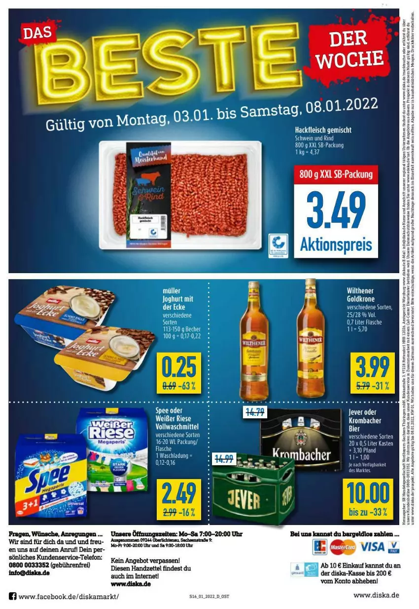 Aktueller Prospekt Diska - Prospekte - von 03.01 bis 08.01.2022 - strona 16 - produkty: angebot, angebote, Astra, Becher, bett, deka, deo, eis, ente, flasche, jever, joghur, joghurt, krombache, krombacher, Meister, rind, ring, sac, schwein, schwein und rind, spee, tee, telefon, Ti, uhr, vollwaschmittel, waschmittel, wein