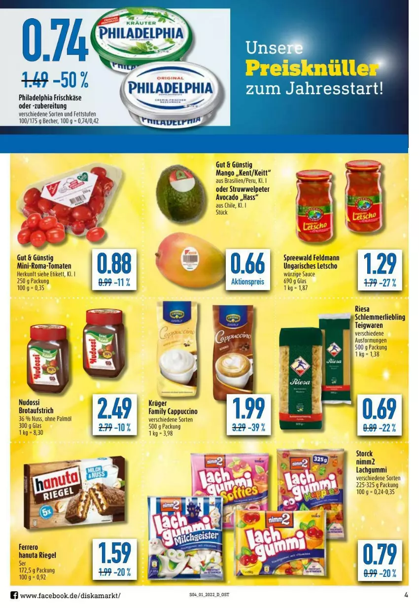 Aktueller Prospekt Diska - Prospekte - von 03.01 bis 08.01.2022 - strona 4 - produkty: aktionspreis, aufstrich, avocado, Becher, brot, brotaufstrich, Cap, cappuccino, cin, eis, ferrero, frischkäse, hanuta, Käse, kräuter, lachgummi, Letscho, mango, merl, Nudossi, nuss, ohne palmöl, philadelphia, reis, riegel, riesa, sauce, storck, teigwaren, Ti, tomate, tomaten