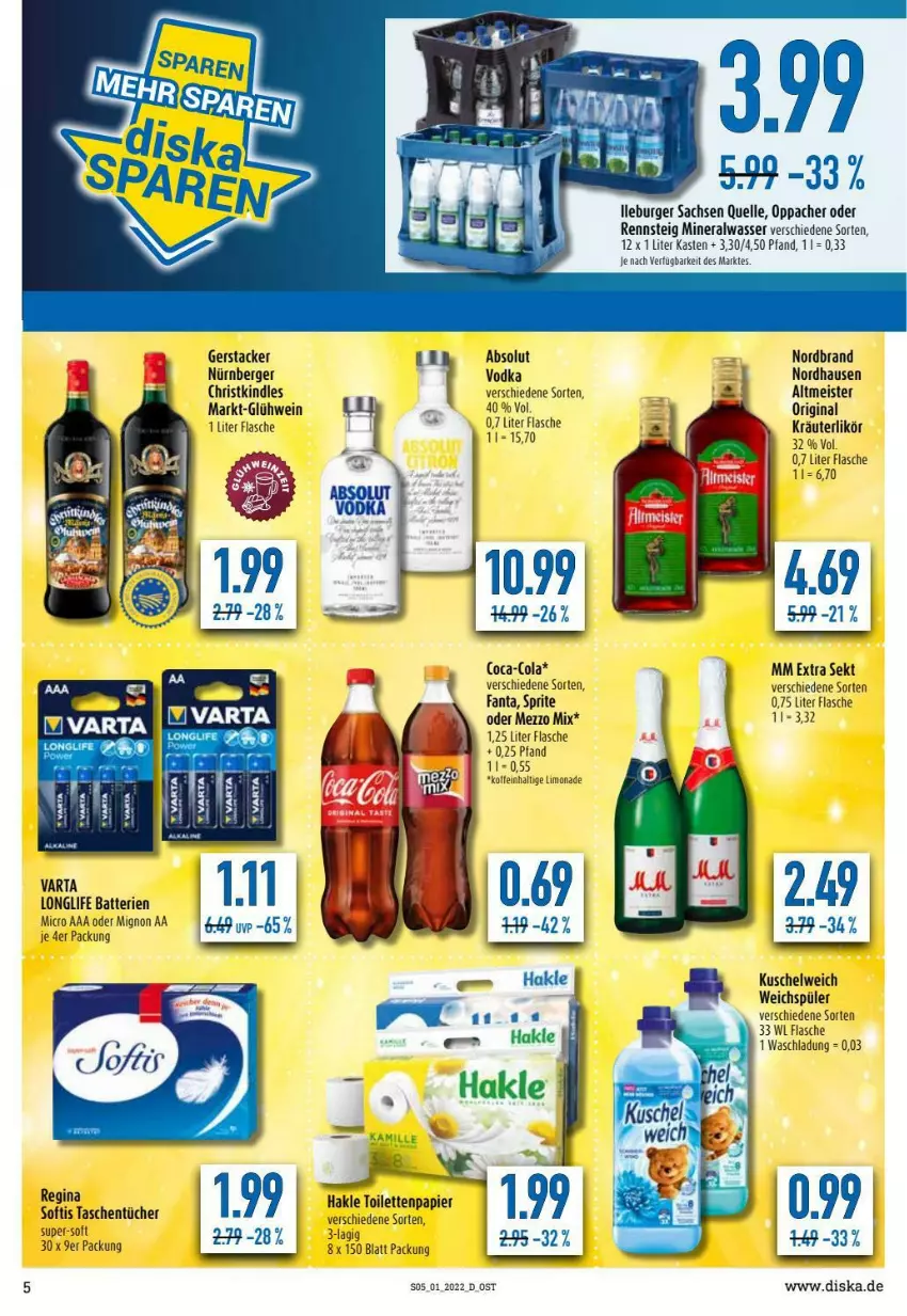 Aktueller Prospekt Diska - Prospekte - von 03.01 bis 08.01.2022 - strona 5 - produkty: Alwa, batterie, batterien, Berger, burger, coca-cola, cola, eis, elle, fanta, flasche, gin, Glühwein, hakle, Kindle, kräuter, kräuterlikör, Kuschelweich, likör, limo, limonade, longlife, Meister, Mezzo Mix, mineralwasser, mm extra, nordbrand, nürnberger, papier, sekt, sprite, Tasche, taschen, taschentücher, Ti, toilettenpapier, tücher, varta, vodka, wasser, weichspüler, wein