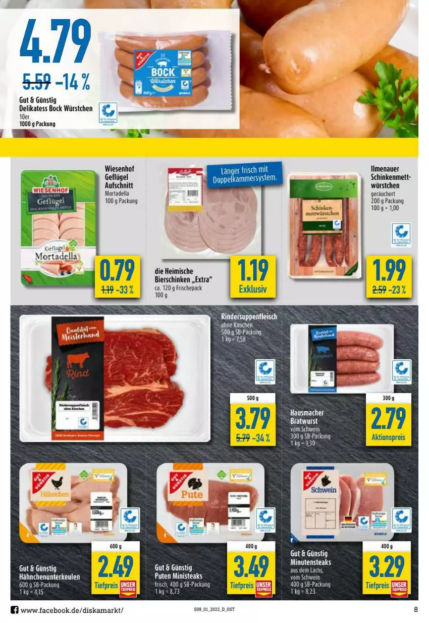 Aktueller Prospekt Diska - Prospekte - von 03.01 bis 08.01.2022 - strona 8 - produkty: auer, aufschnitt, bier, bierschinken, dell, eis, ente, fleisch, Geflügel, lachs, Mett, minutensteaks, mortadella, rind, rinder, schinken, schwein, steak, steaks, suppe, suppen, suppenfleisch, Ti, wein, wiesenhof, würstchen