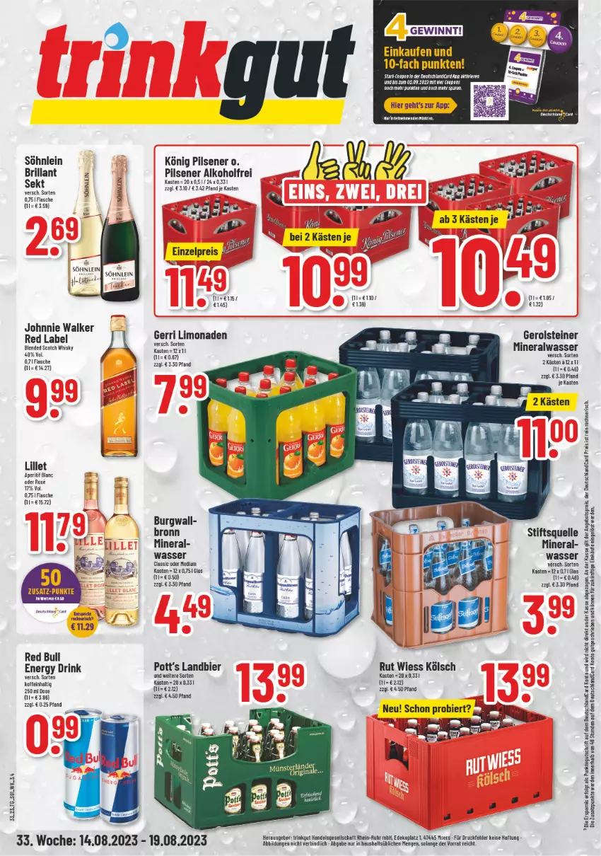 Aktueller Prospekt Trinkgut - von 14.08 bis 19.08.2023 - strona 1 - produkty: alkohol, Alwa, angebot, angebotspreis, aperitif, bier, blended scotch, blended scotch whisky, coupon, coupons, deutschlandcard, drink, eis, elle, energy drink, erde, flasche, gerolsteine, gerolsteiner, Intel, johnnie walker, könig pilsener, LG, lillet, limo, limonade, limonaden, mineralwasser, pils, pilsener, red bull, reis, scotch, scotch whisky, sekt, söhnlein, steiner, Ti, wasser, whisky