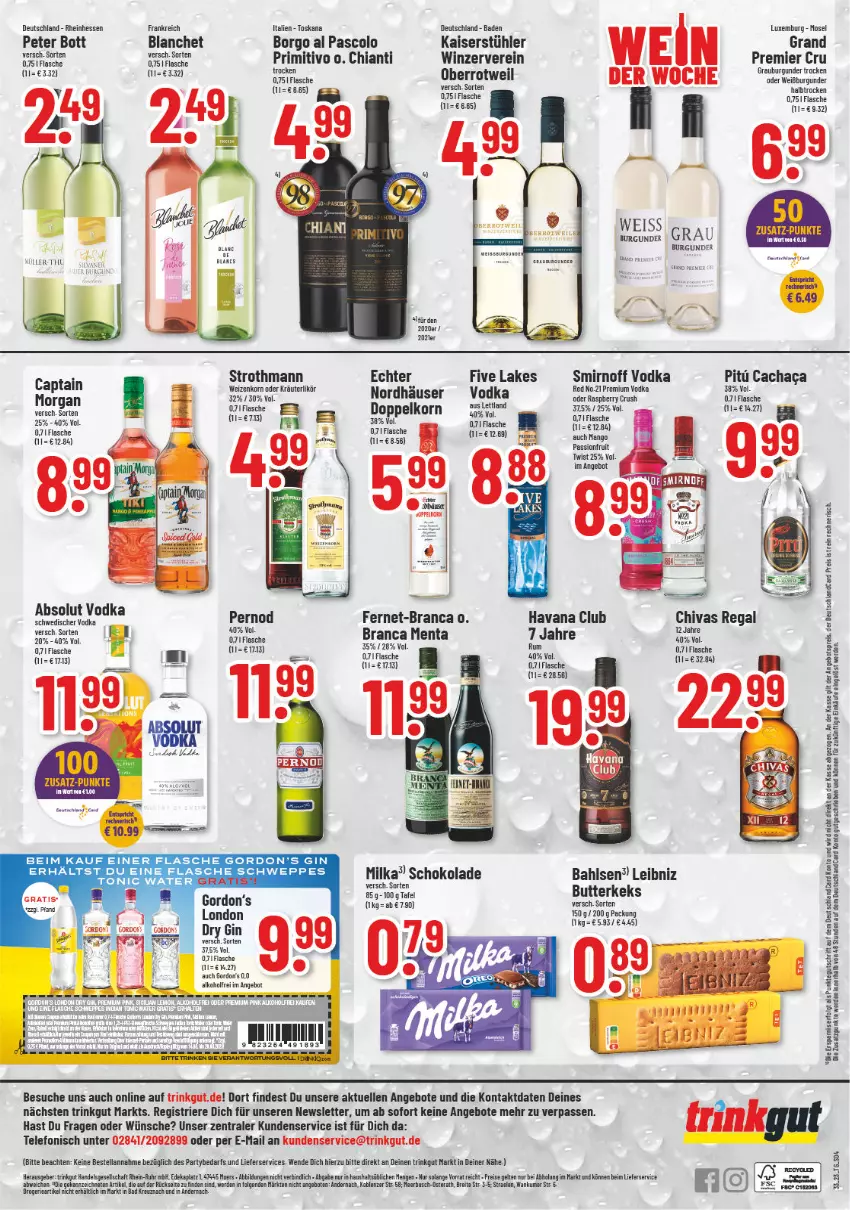 Aktueller Prospekt Trinkgut - von 14.08 bis 19.08.2023 - strona 4 - produkty: Absolut Vodka, alkohol, angebot, angebote, angebotspreis, Bad, bahlsen, Brei, burgunder, butter, butterkeks, Cachaca, Cap, chia, chianti, deka, deutschlandcard, eis, elle, erde, Fernet, flasche, gin, gordon, Gordon’s, grauburgunder, Havana Club, Kaiser, keks, korn, kräuter, kräuterlikör, leibniz, LG, lieferservice, likör, milka, oder kräuter, premium vodka, primitivo, raspberry, regal, reis, schoko, schokolade, schweppes, smirnoff, Stühl, telefon, Ti, uhr, vodka, Weißburgunder, weizenkorn